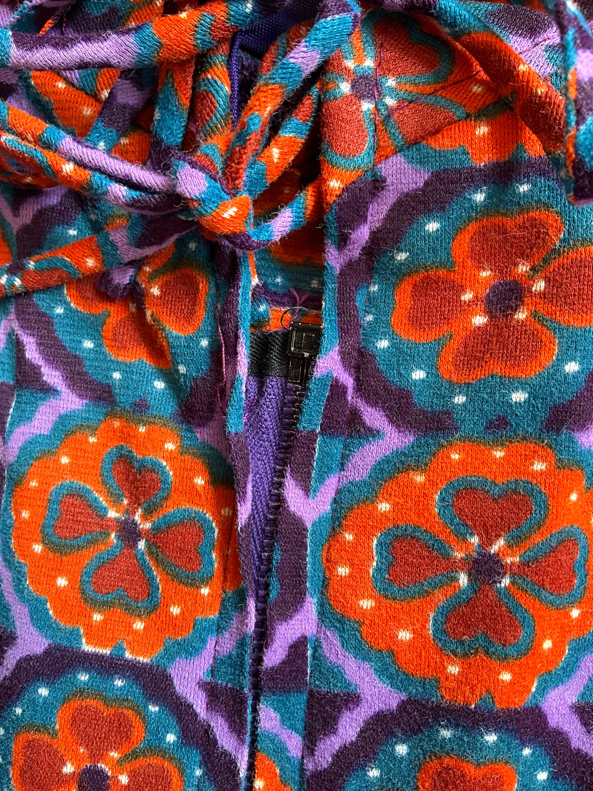 Vintage 1970s Purple and Orange Patterned Long Sleeve Lace-Up Front Maxi Dress, Small