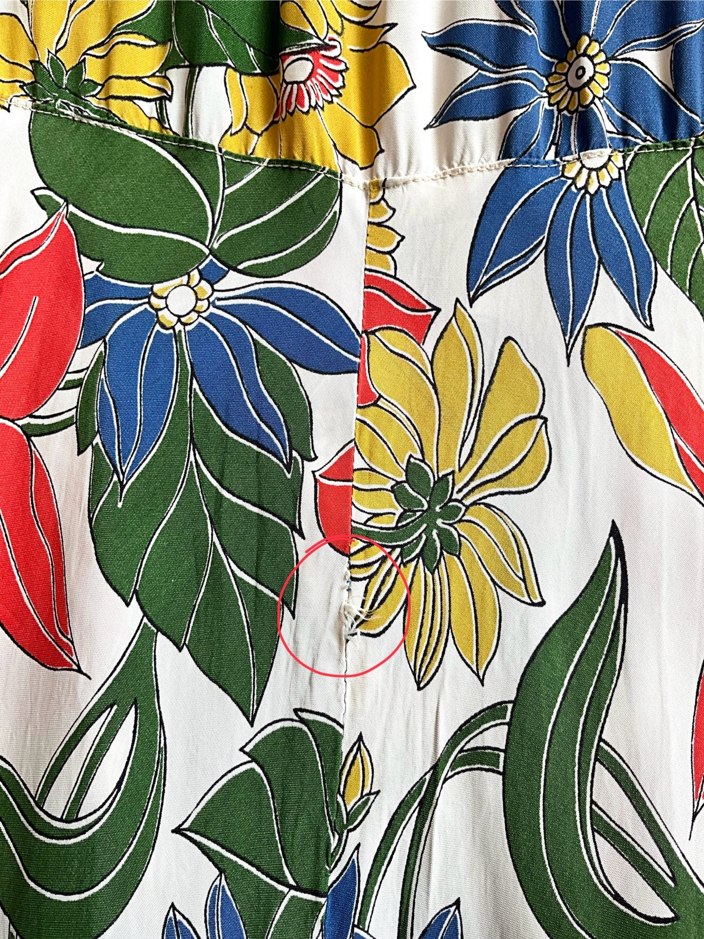 Vintage 1930s Tropical Floral Print Short Sleeve Zip Front Rayon Maxi Hostess Gown, Small