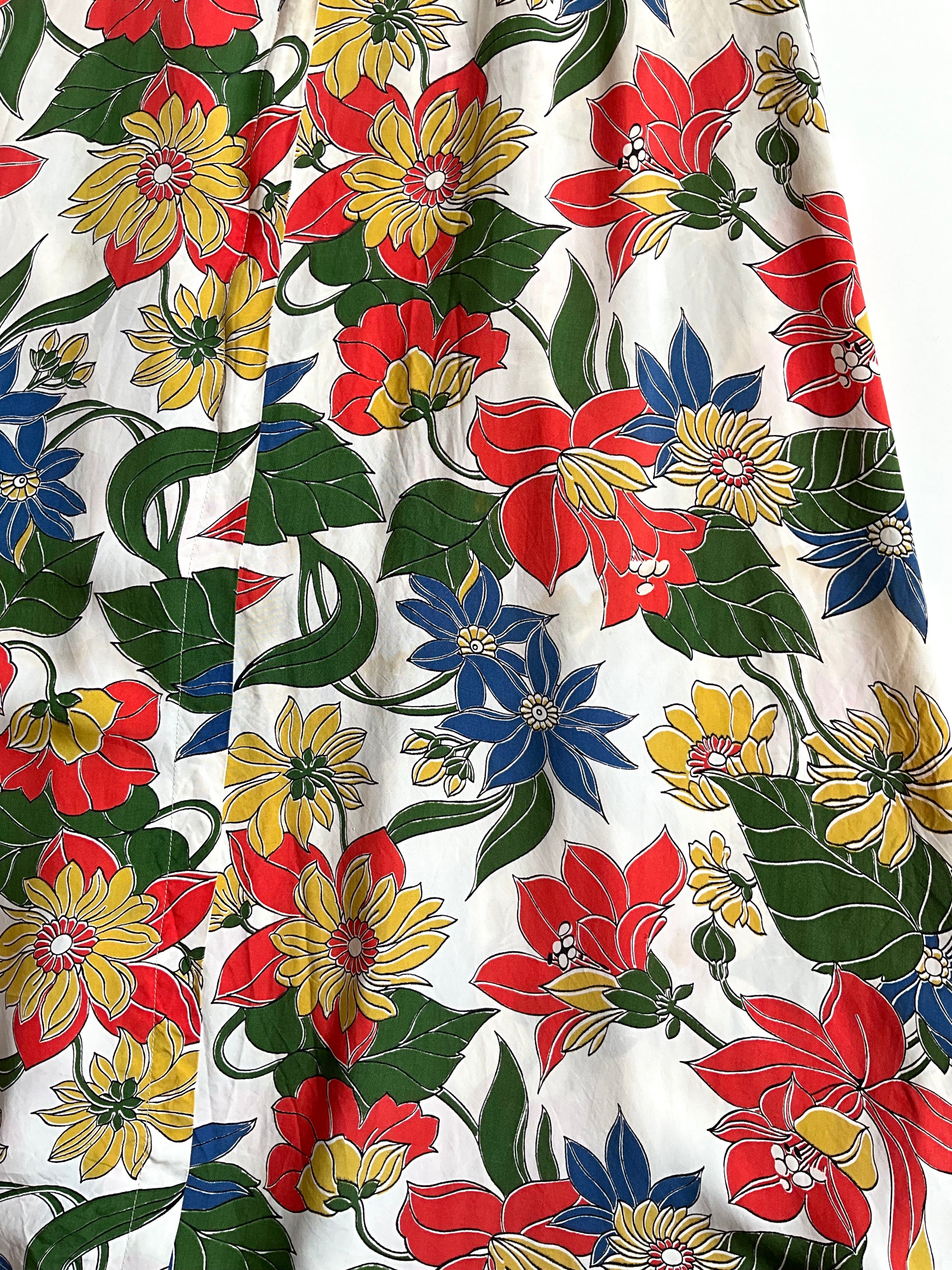 Vintage 1930s Tropical Floral Print Short Sleeve Zip Front Rayon Maxi Hostess Gown, Small