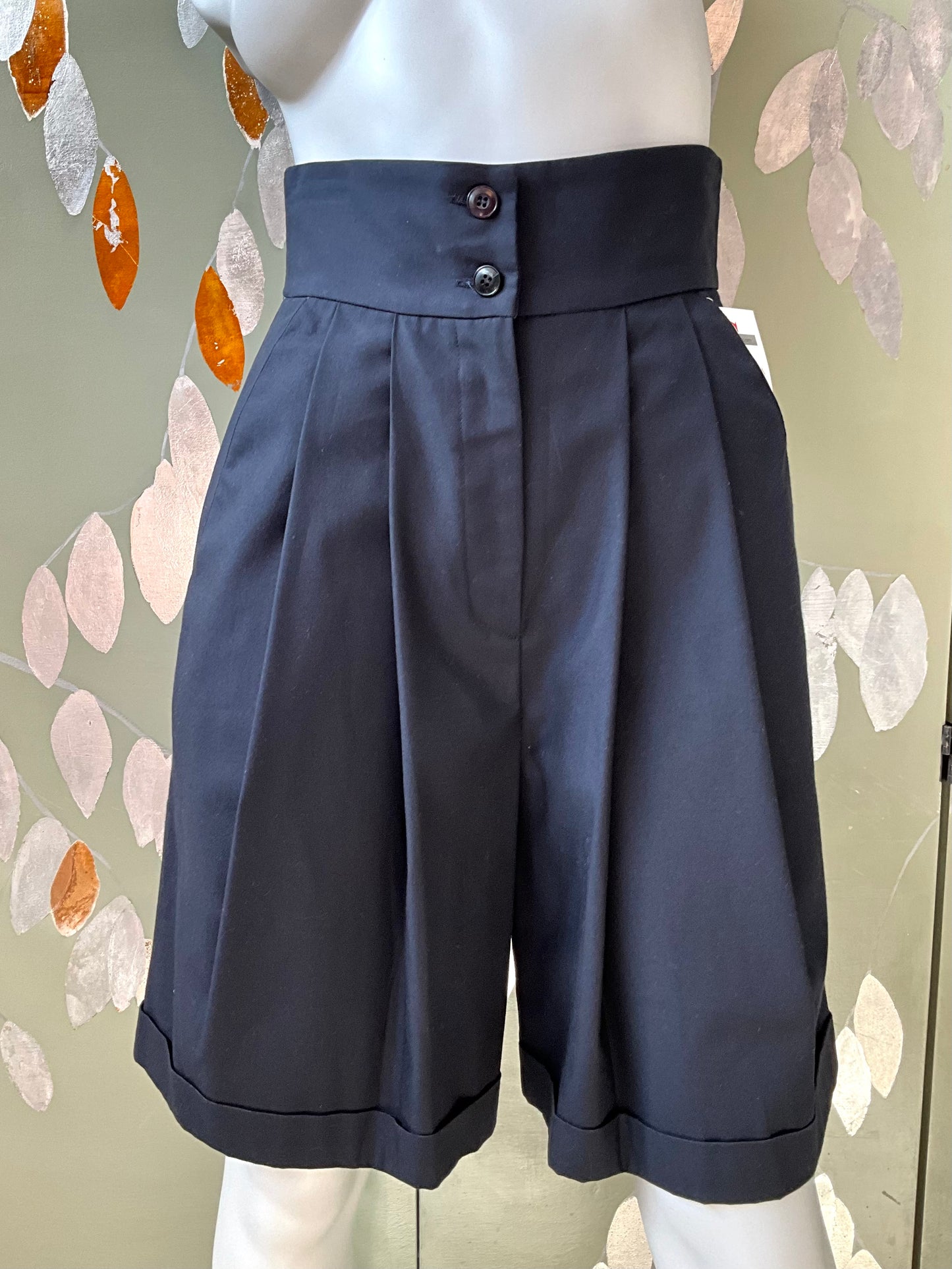 Vintage 1980s Deadstock Navy Blue Pleated Cuffed High Waist Bermuda Dress Shorts
