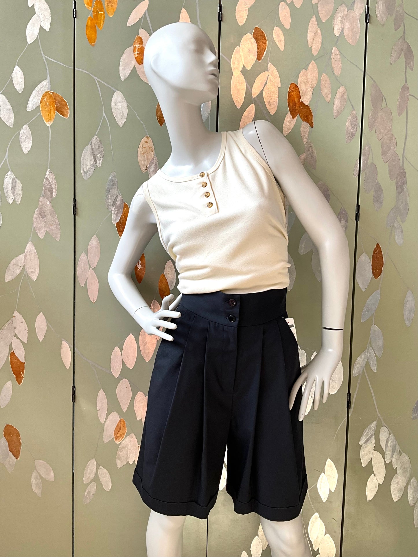 Vintage 1980s Deadstock Navy Blue Pleated Cuffed High Waist Bermuda Dress Shorts