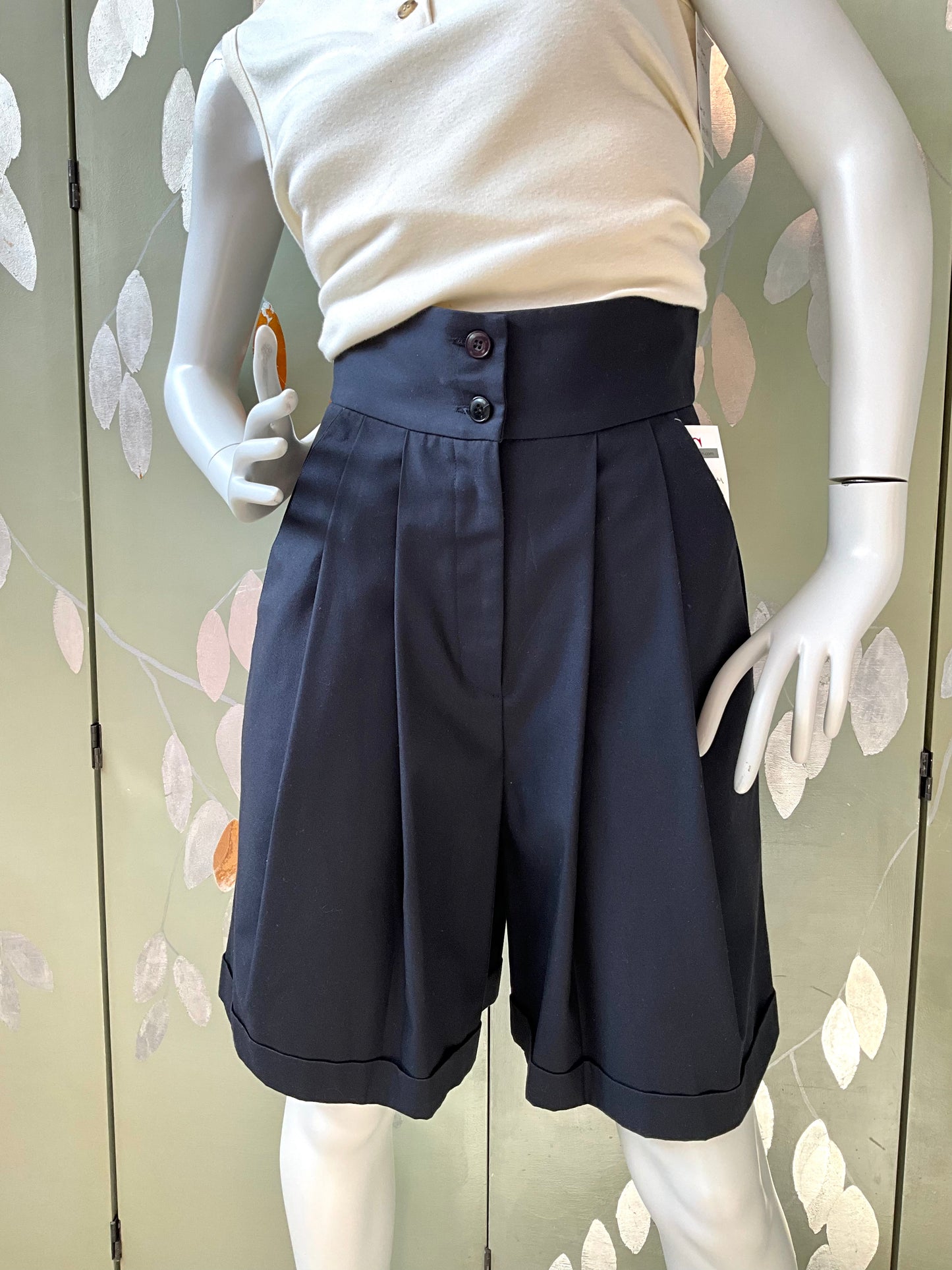 Vintage 1980s Deadstock Navy Blue Pleated Cuffed High Waist Bermuda Dress Shorts