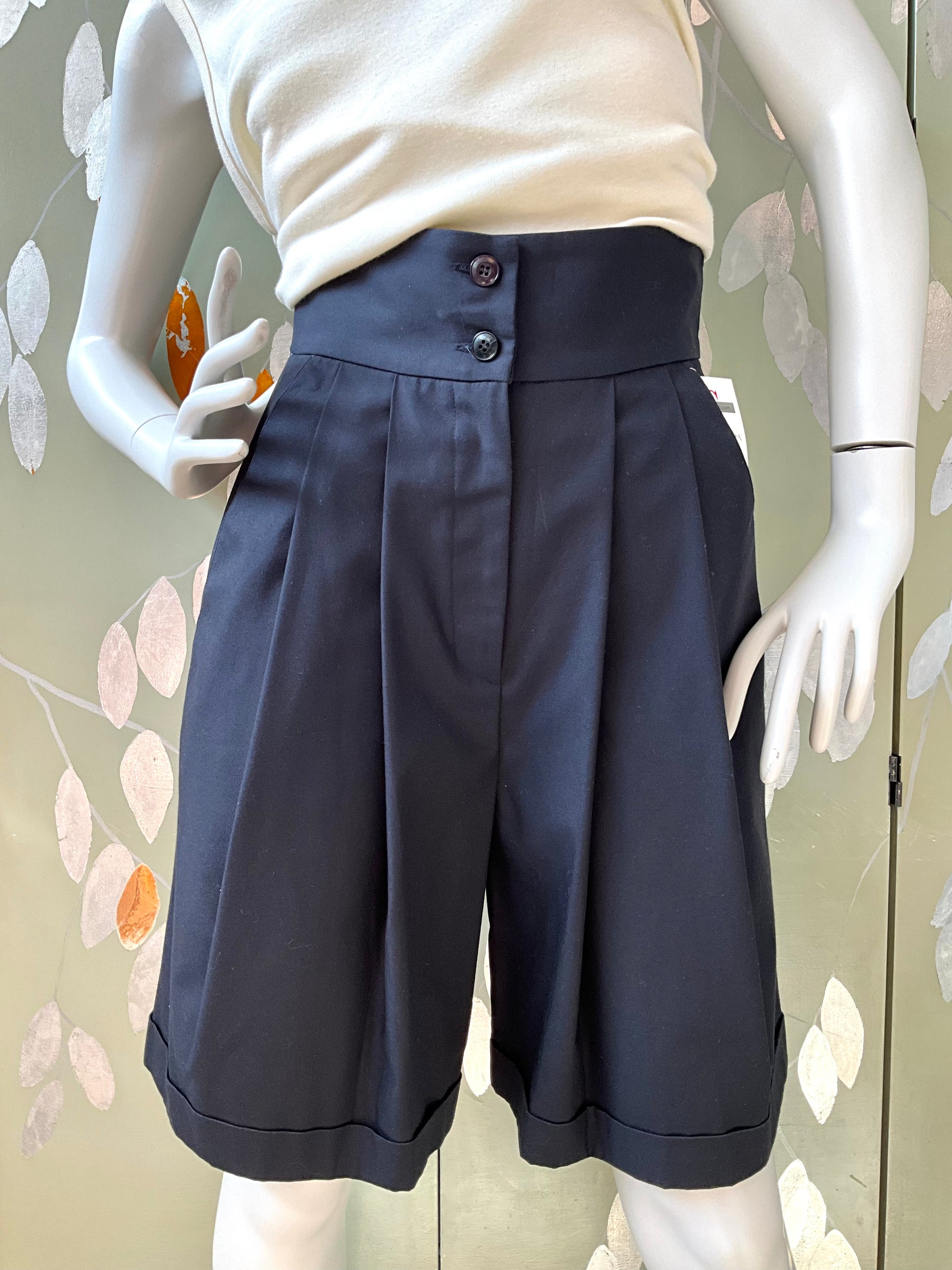 Vintage 1980s Deadstock Navy Blue Pleated Cuffed High Waist Bermuda Dress Shorts