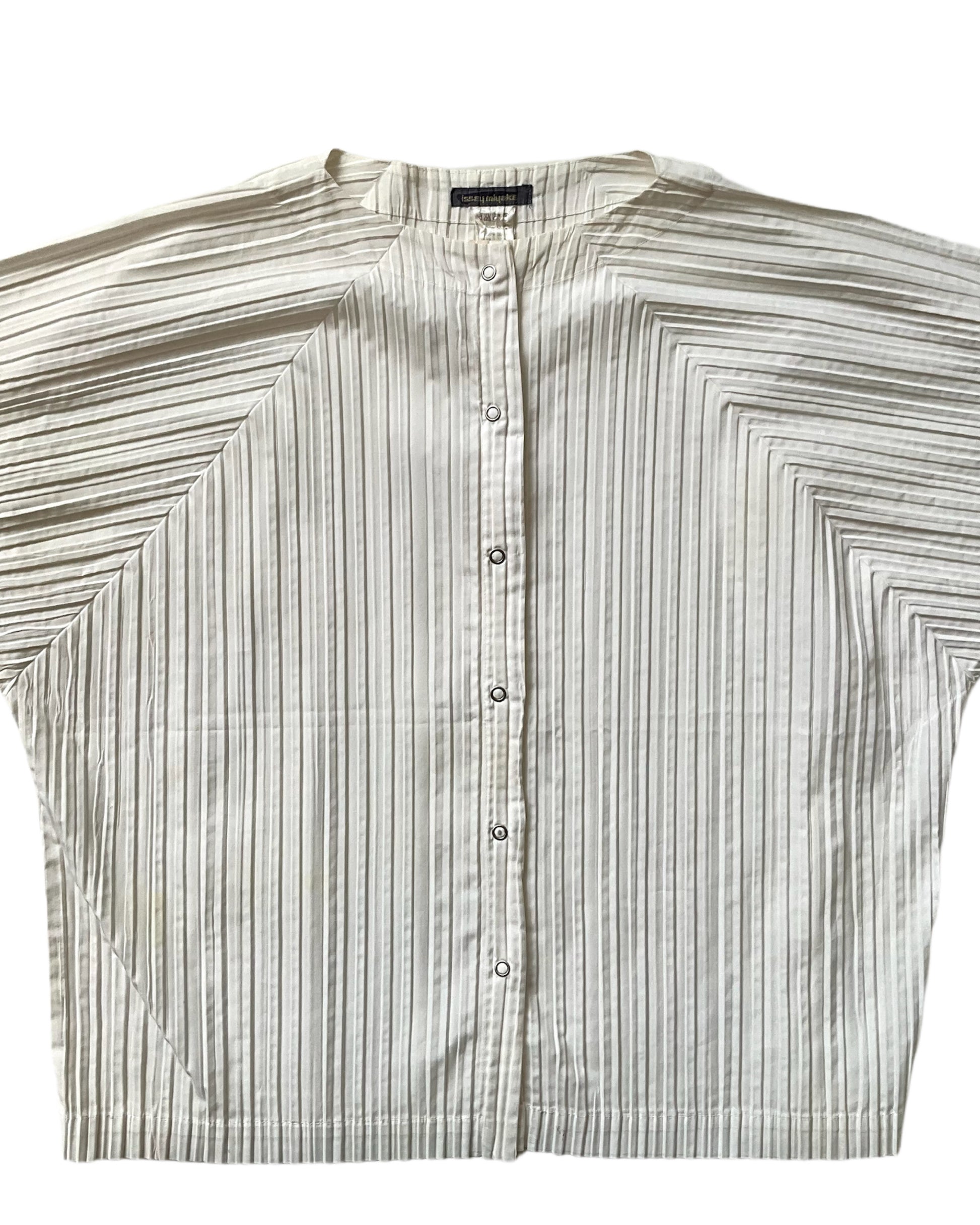 Vintage 1980s Issey Miyake White Pleated Snap Front Shirt, Medium