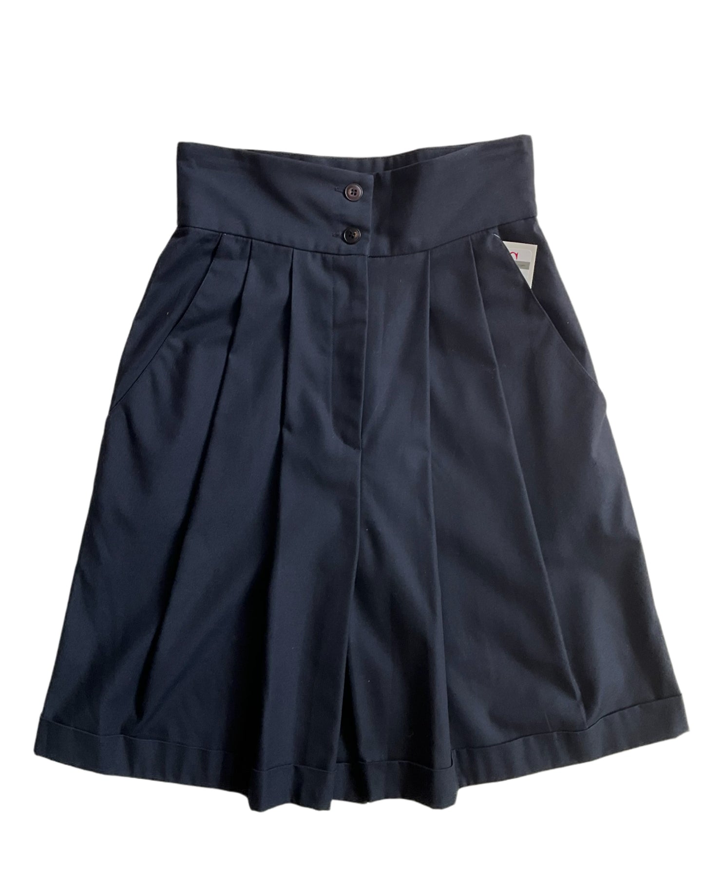 Vintage 1980s Deadstock Navy Blue Pleated Cuffed High Waist Bermuda Dress Shorts