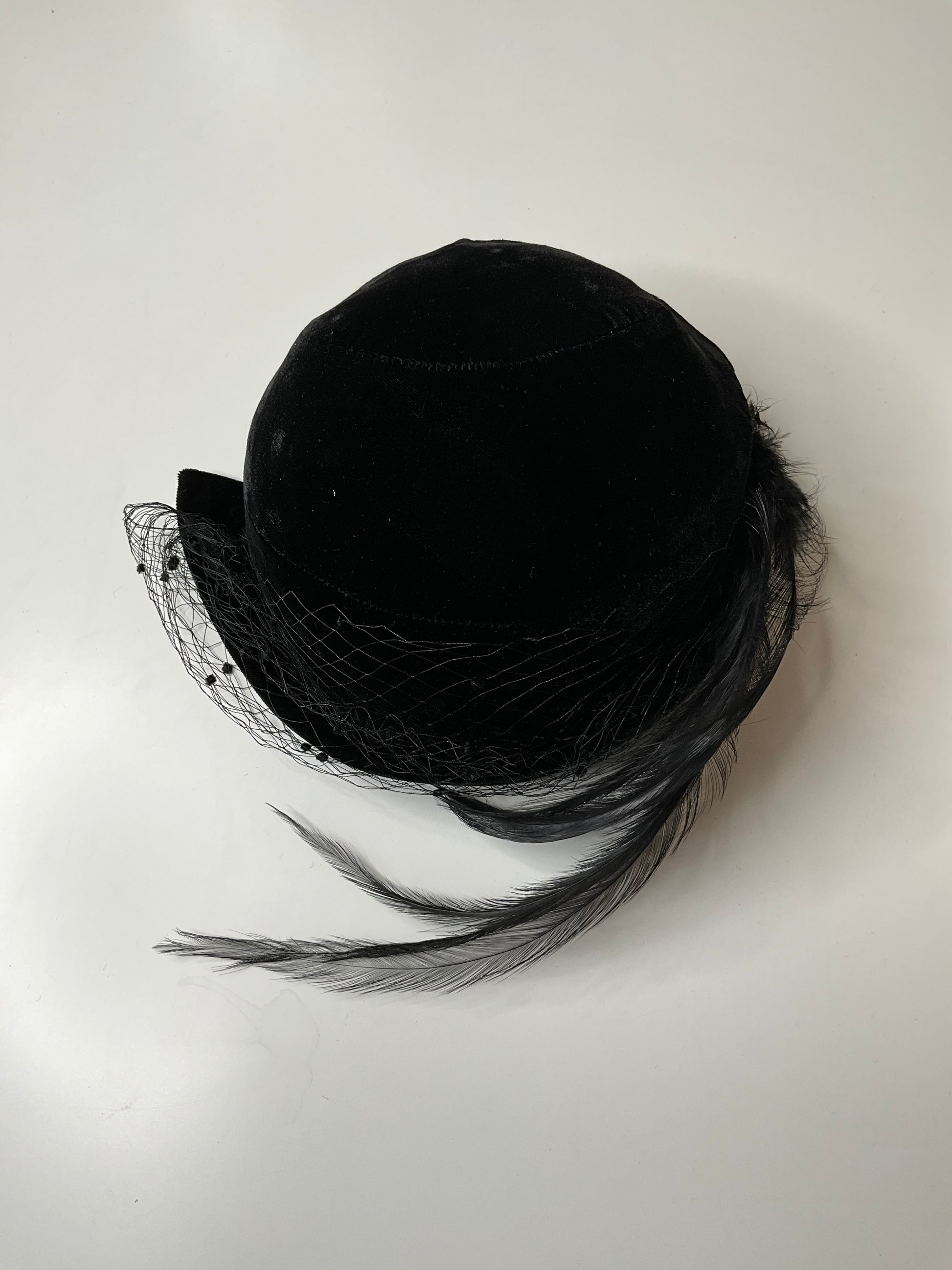 Vintage Black Velvet Fascinator Hat with Feathers and Veil 