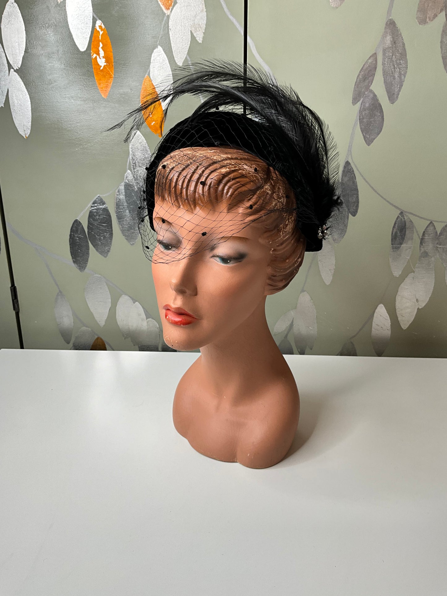 Vintage Black Velvet Fascinator Hat with Feathers and Veil 