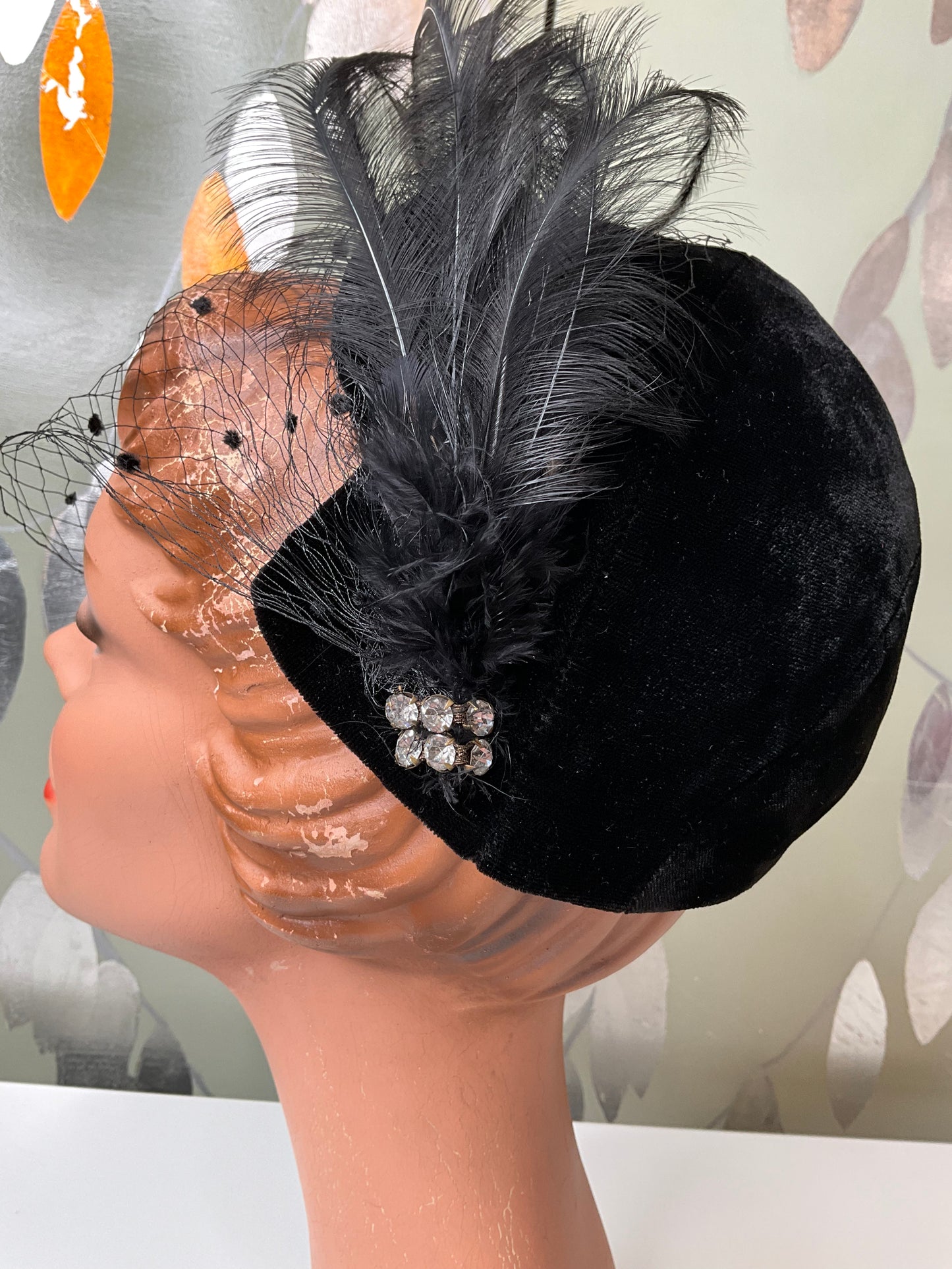 Vintage Black Velvet Fascinator Hat with Feathers and Veil 