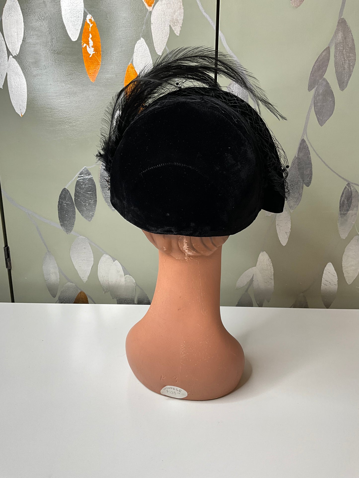 Vintage Black Velvet Fascinator Hat with Feathers and Veil 