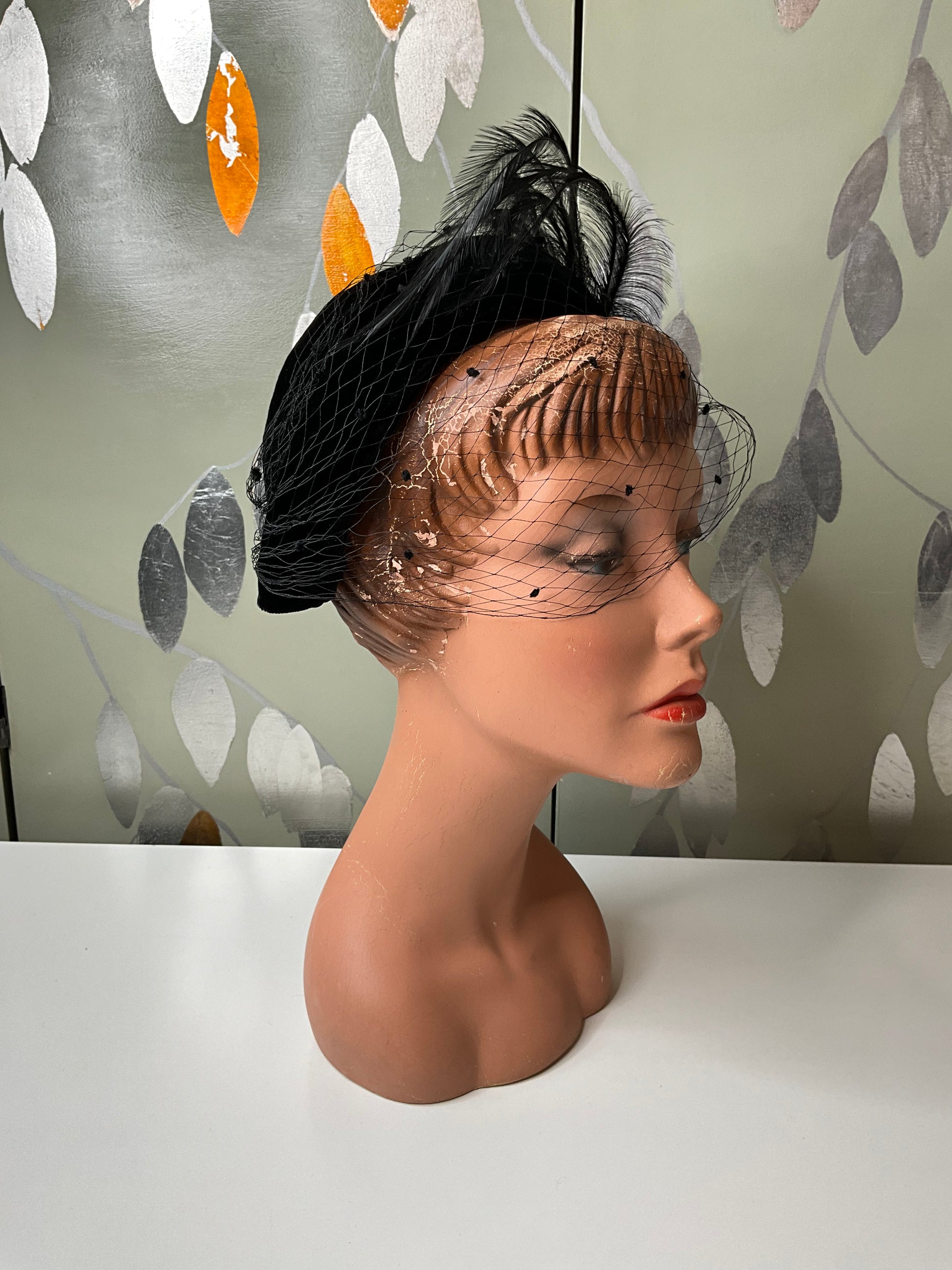 Vintage Black Velvet Fascinator Hat with Feathers and Veil 