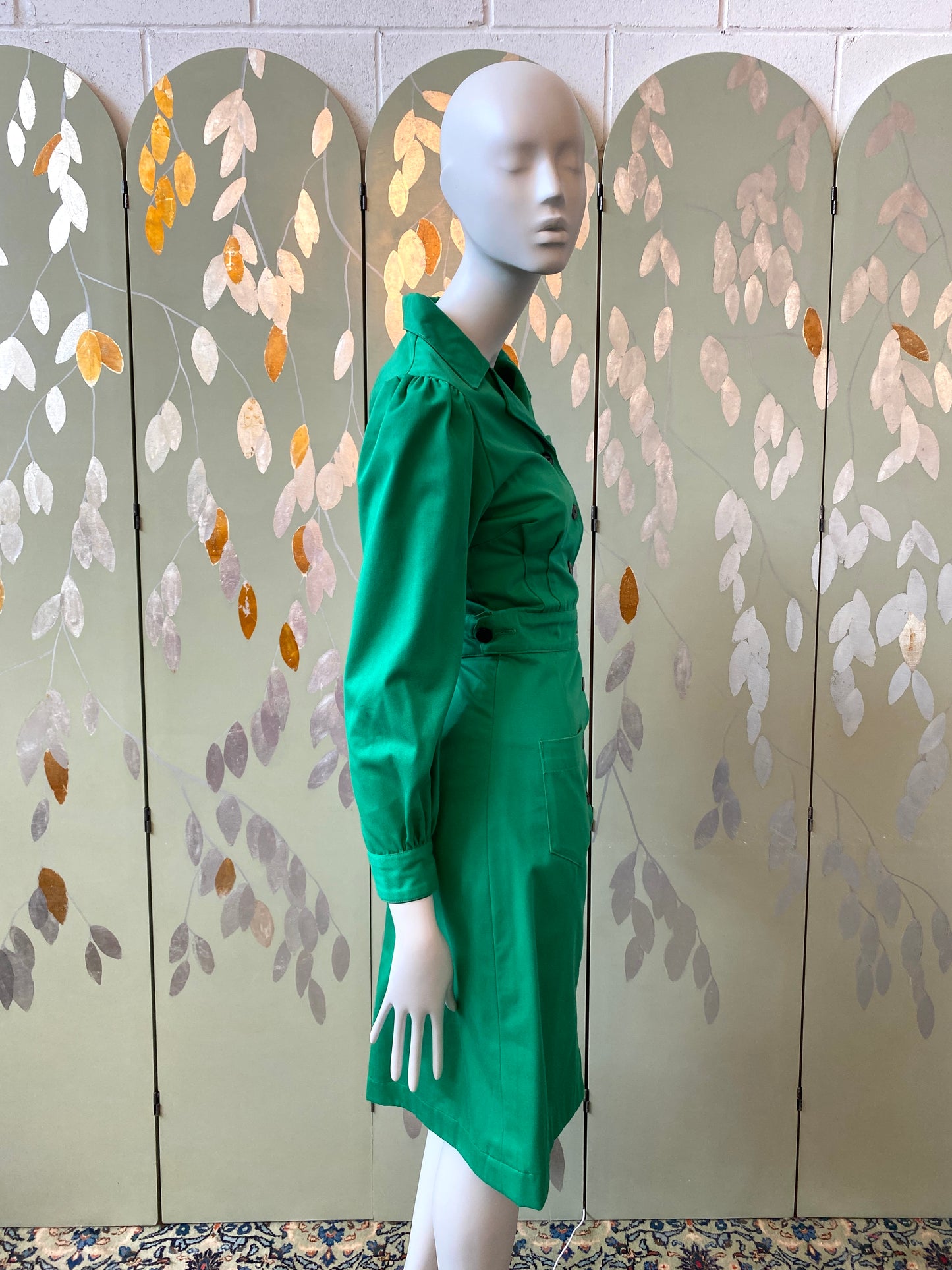 Vintage 1970s Green Long Sleeve Utility Shirt Dress, XS