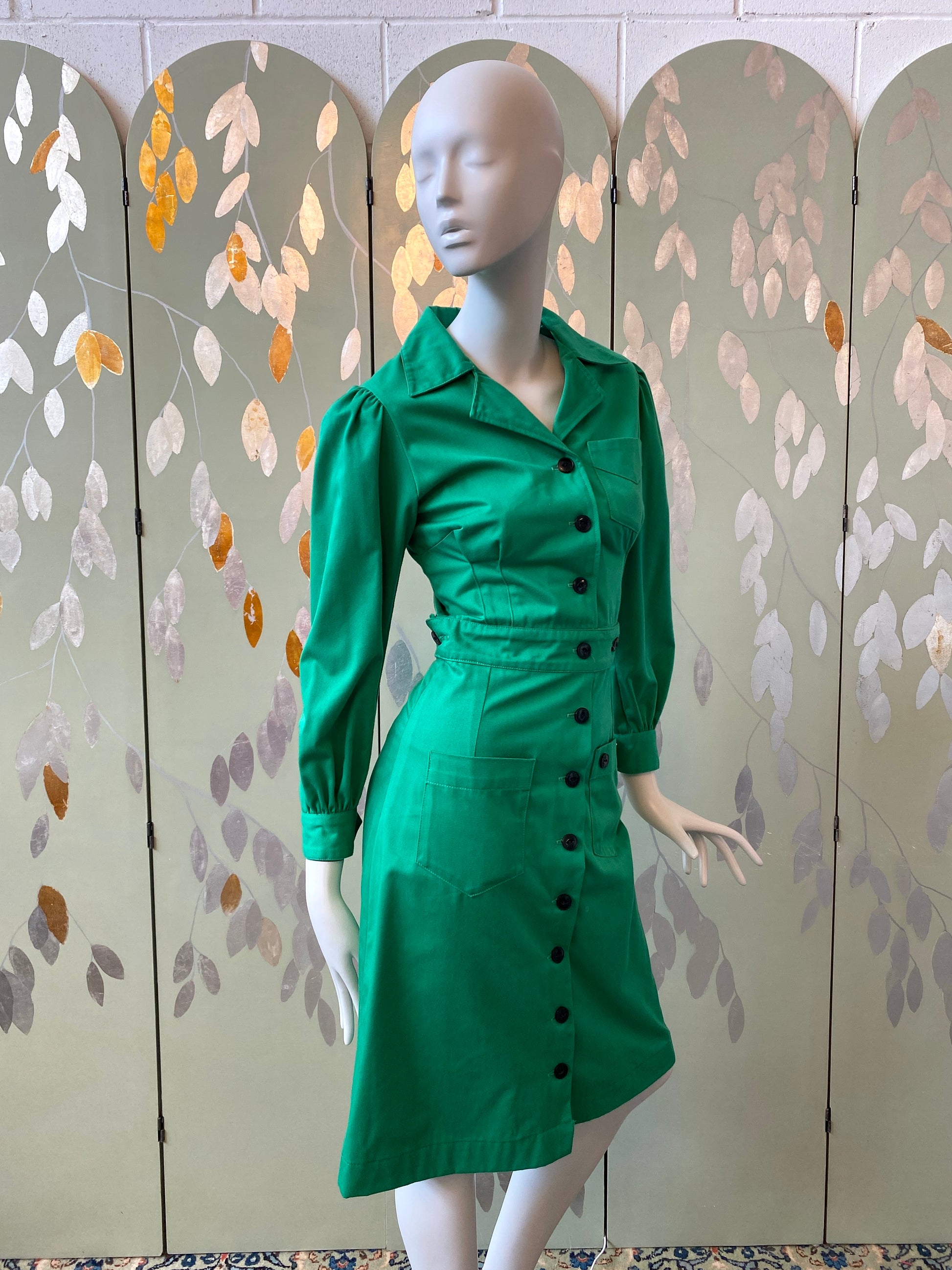Vintage 1970s Green Long Sleeve Utility Shirt Dress, XS