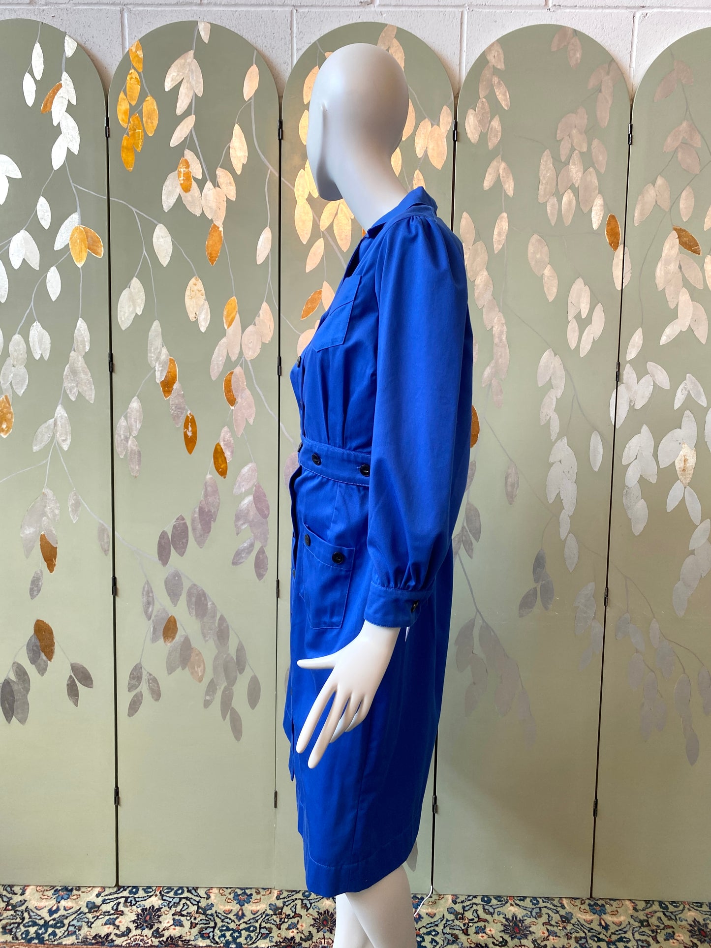 Vintage 1970s Blue Long Sleeve Utility Shirt Dress, Medium 