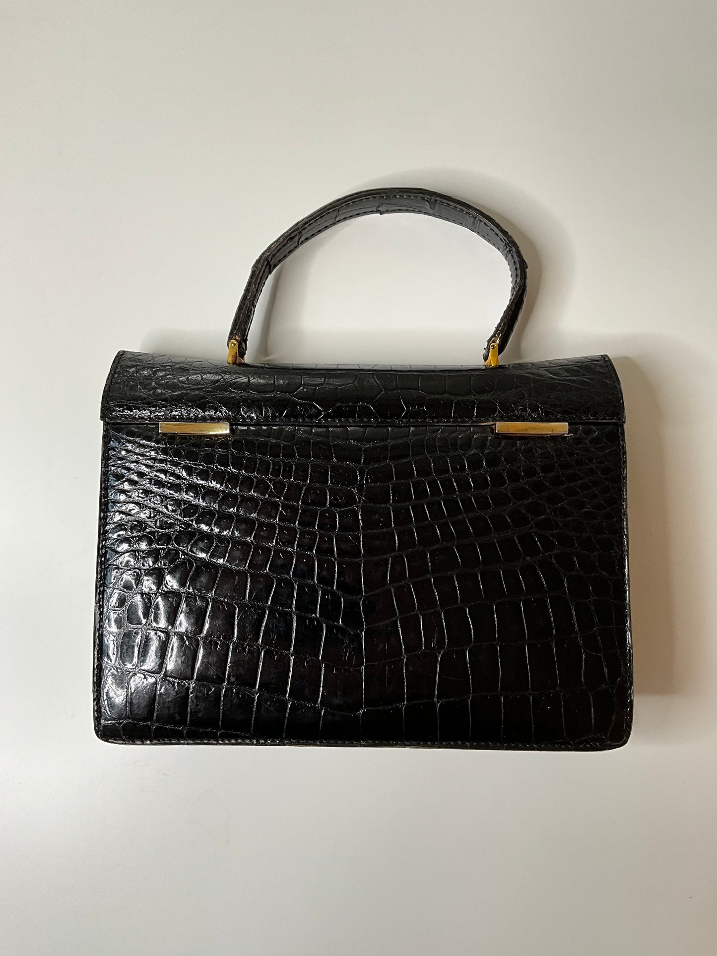 Vintage 1950s Black Reptile Leather Envelope Purse Handbag