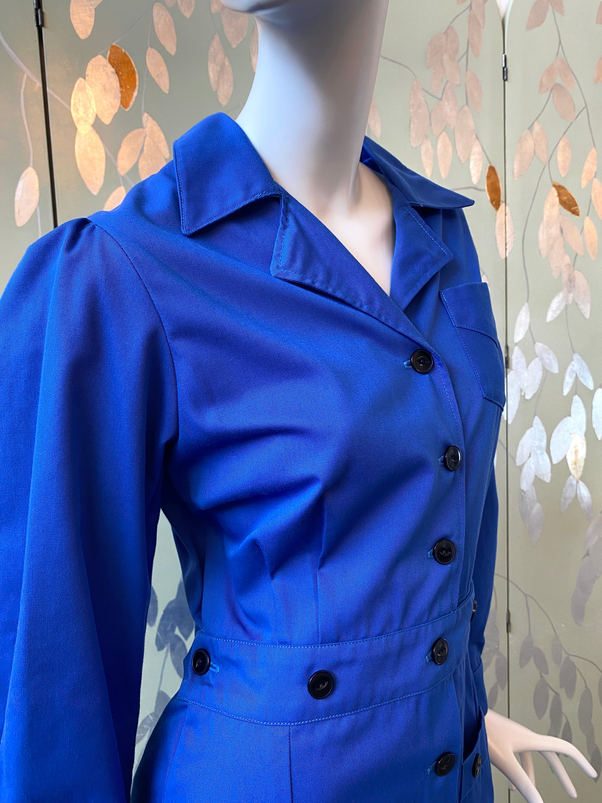 Vintage 1970s Blue Long Sleeve Utility Shirt Dress, Medium 