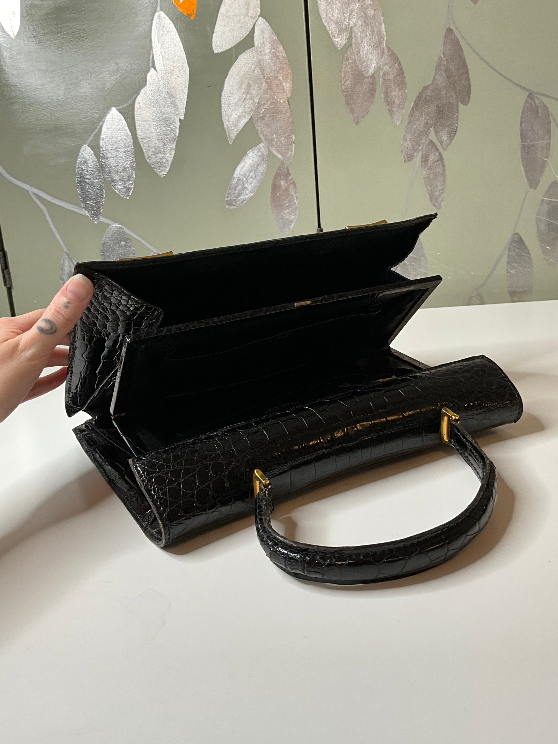 Vintage 1950s Black Reptile Leather Envelope Purse Handbag