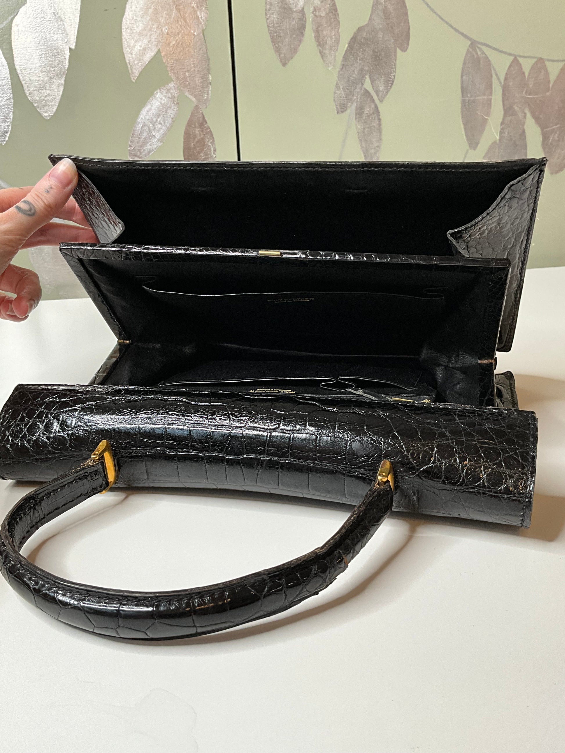 Vintage 1950s Black Reptile Leather Envelope Purse Handbag