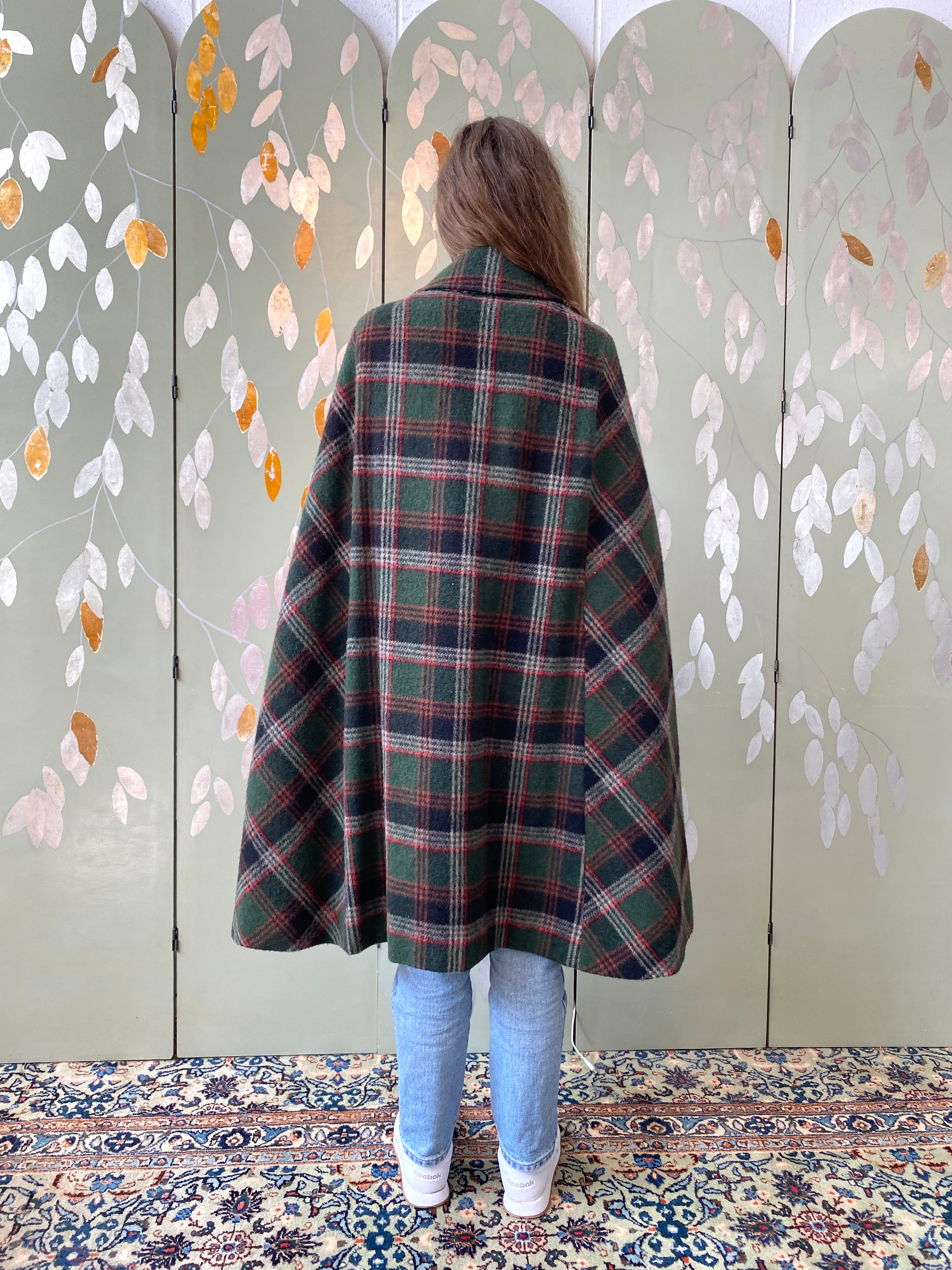 Vintage 1970s Green & Red Plaid Wool Cape