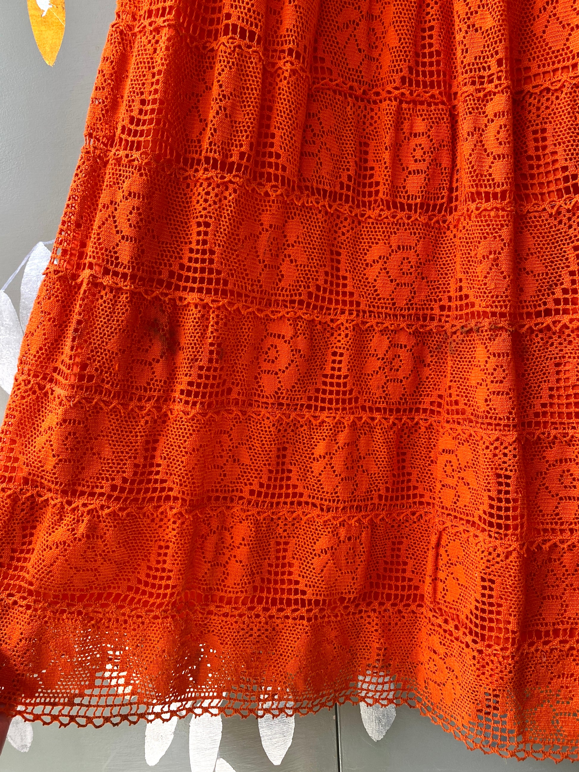 Vintage 1970s Orange Cotton Lace Tachi Castillo Mexican Maxi Dress, XS