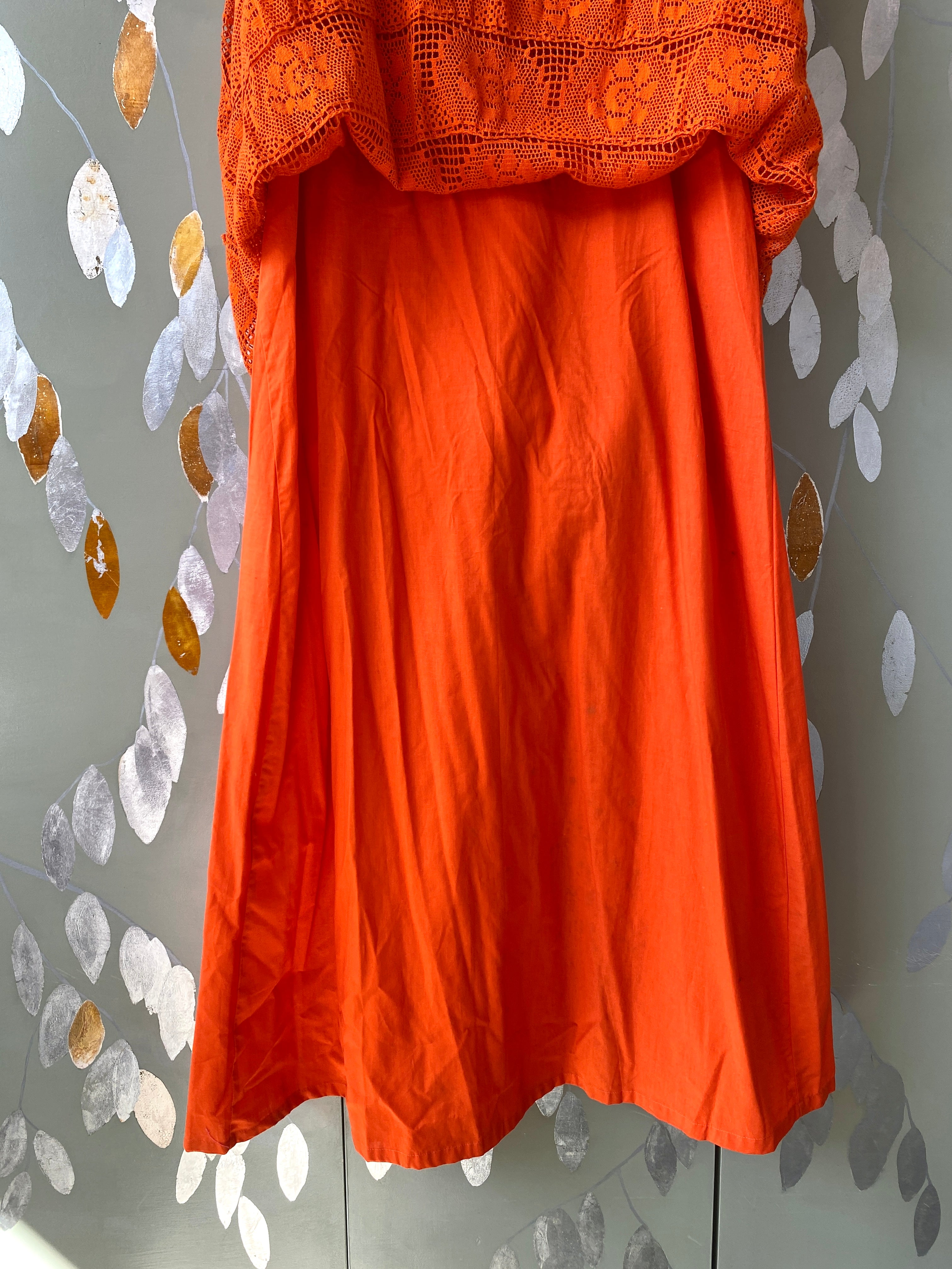 Vintage 1970s Orange Cotton Lace Tachi Castillo Mexican Maxi Dress 
