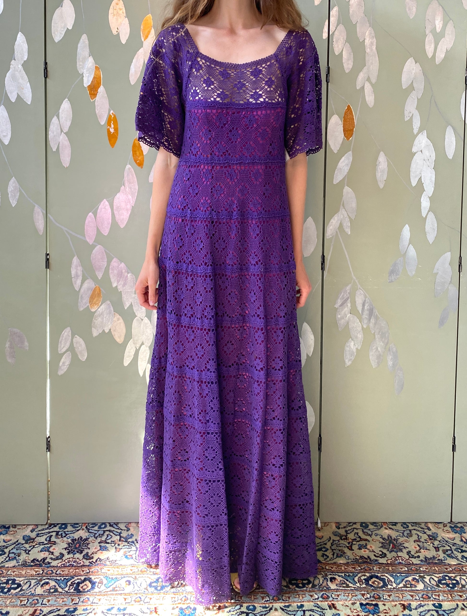 Vintage 1970s Purple Cotton Lace Tachi Castillo Mexican Maxi Dress, XS Vintage 1970s Purple Cotton Lace Tachi Castillo Mexican Maxi Dress, XS