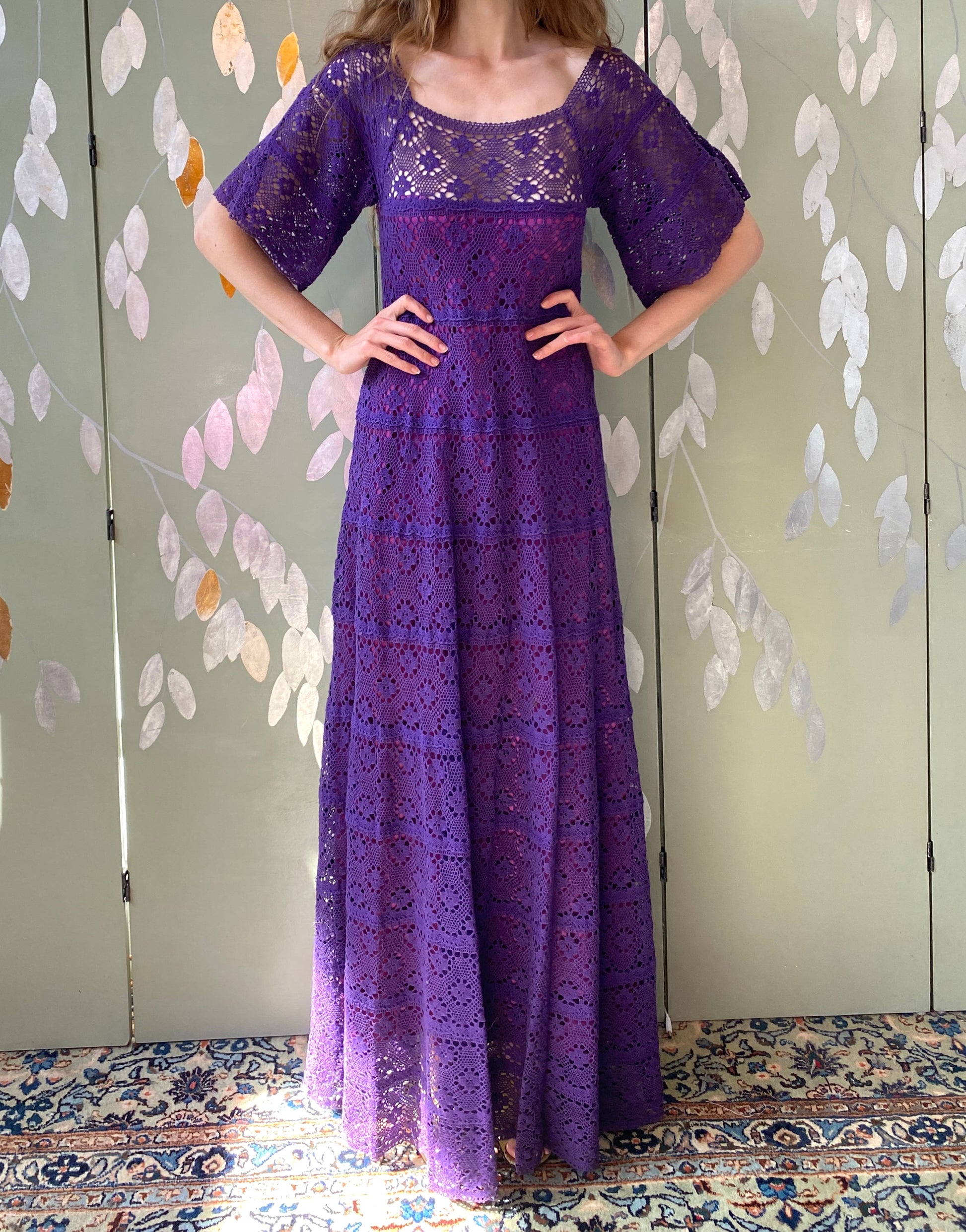 Vintage 1970s Purple Cotton Lace Tachi Castillo Mexican Maxi Dress, XS