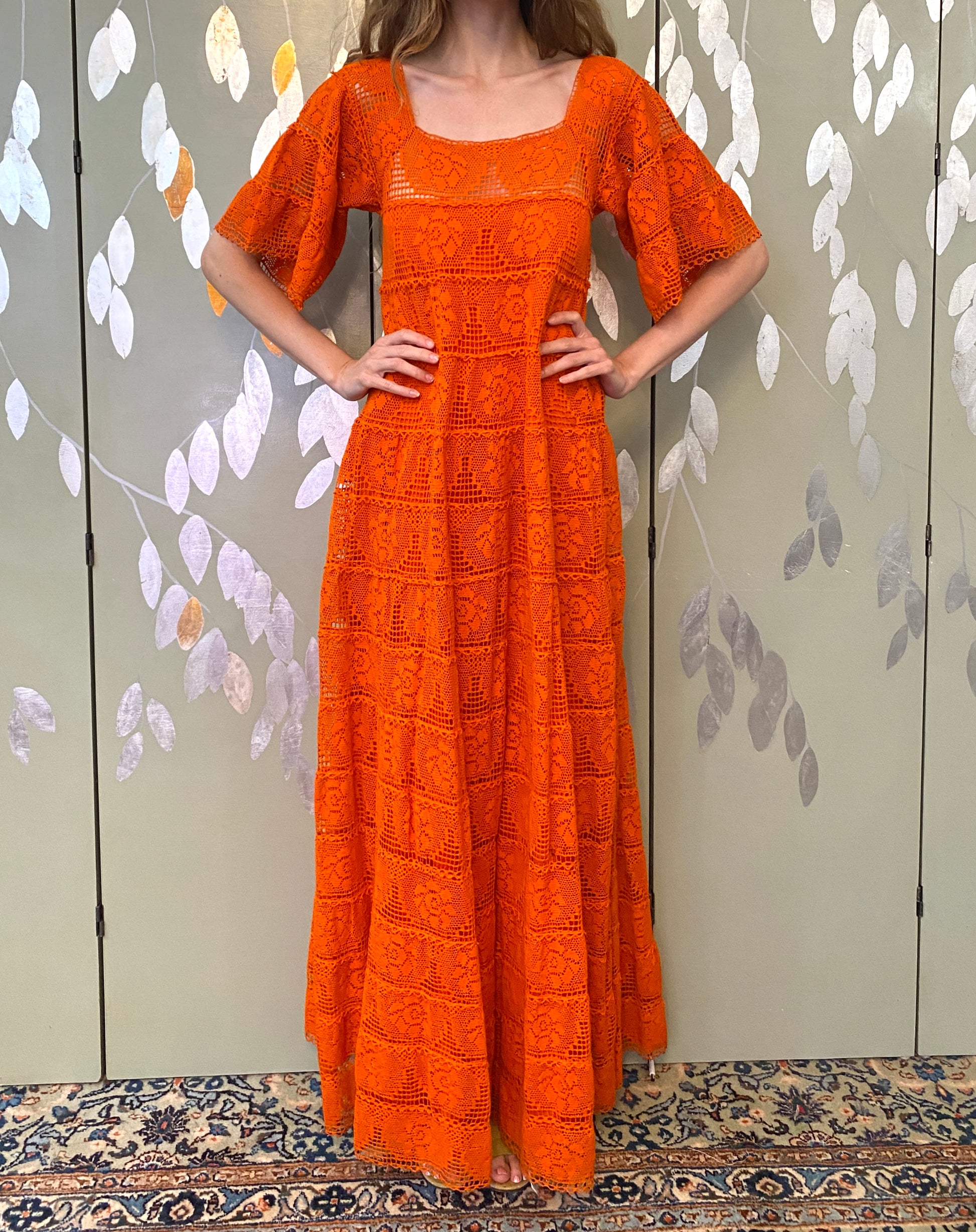 Vintage 1970s Orange Cotton Lace Tachi Castillo Mexican Maxi Dress, XS
