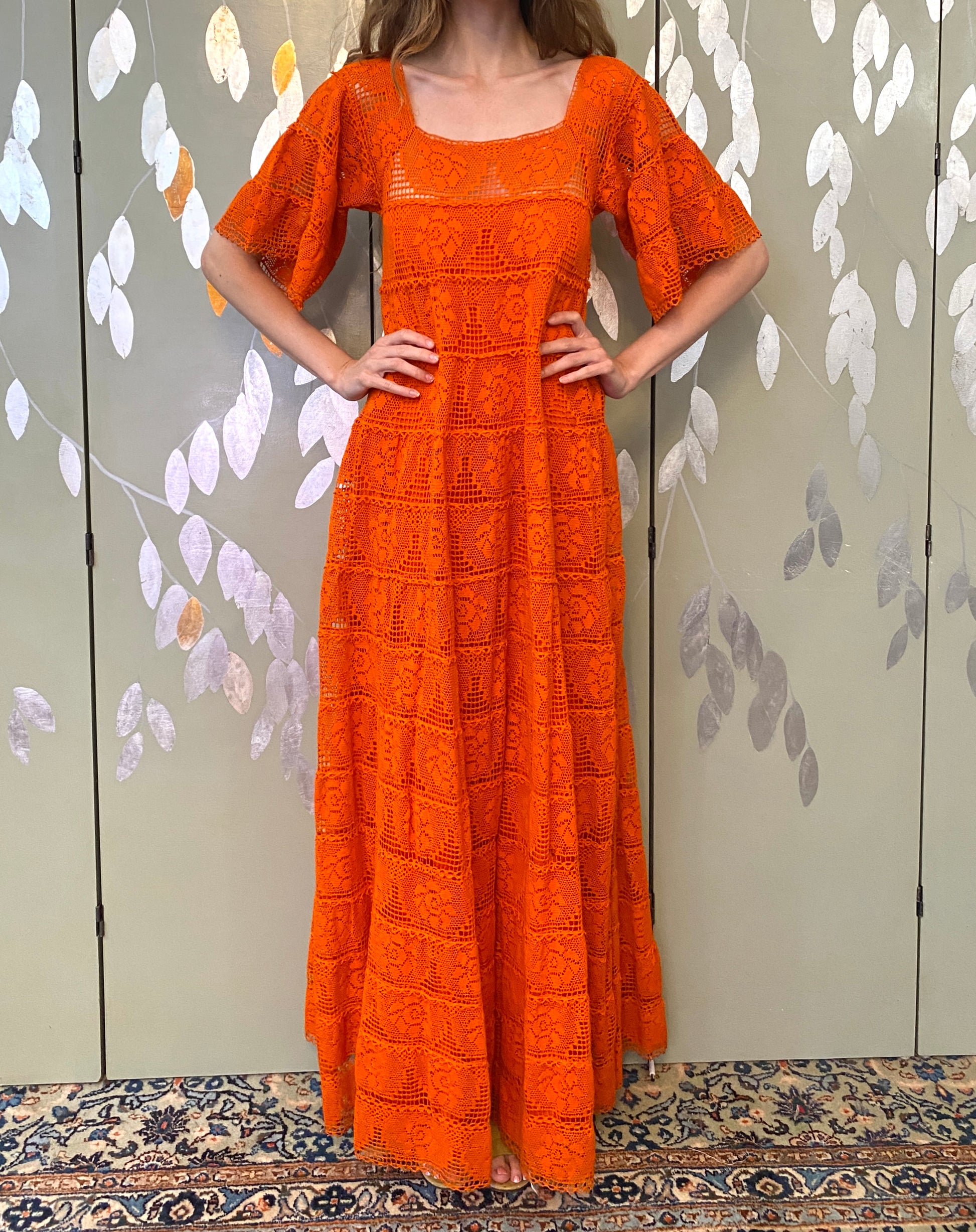 Vintage 1970s Orange Cotton Lace Tachi Castillo Mexican Maxi Dress, XS Vintage 1970s Orange Cotton Lace Tachi Castillo Mexican Maxi Dress, XS