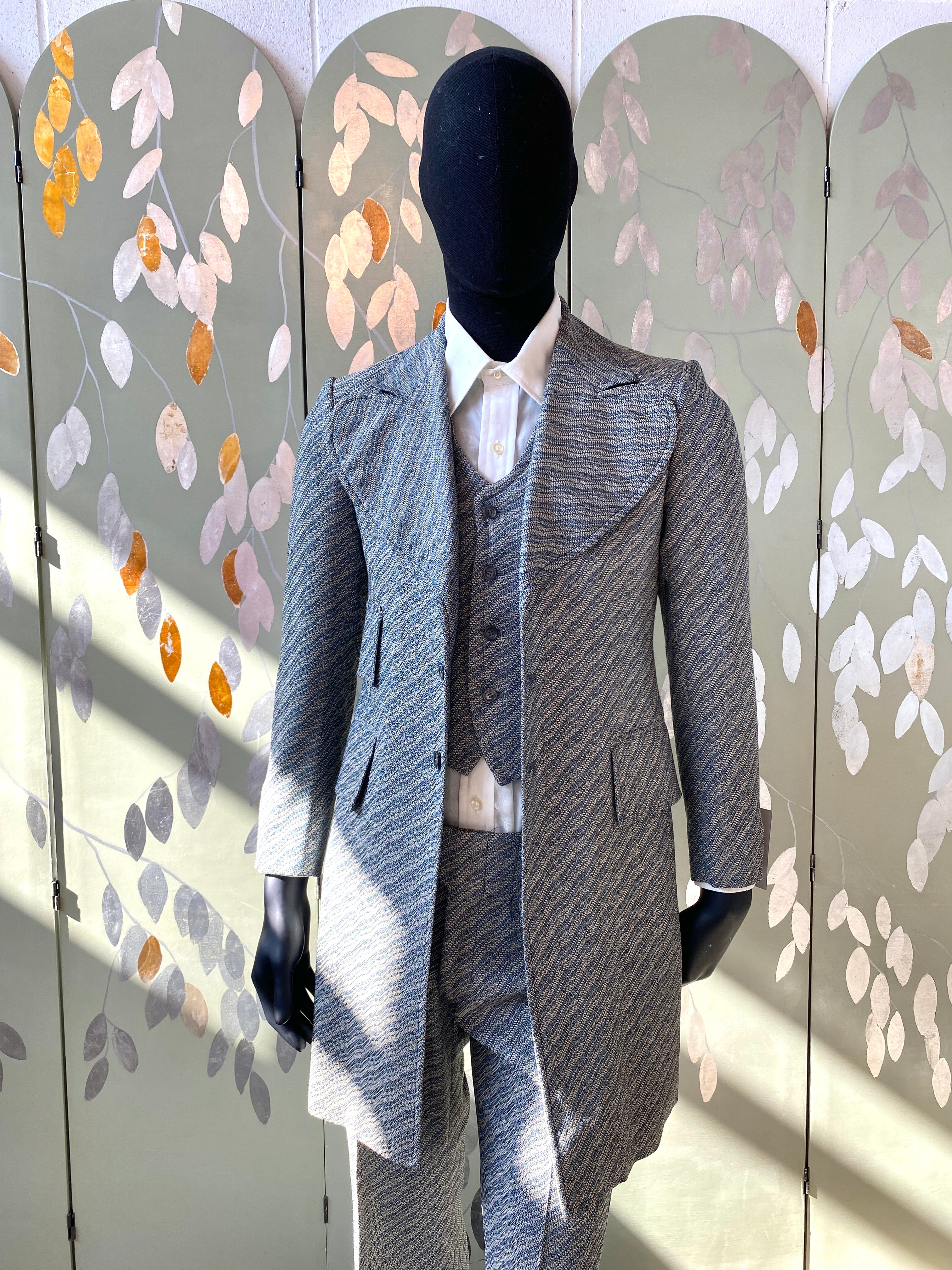 Reproduction 1970s Blue 3 Piece Suit with Frock Style Jacket, C38