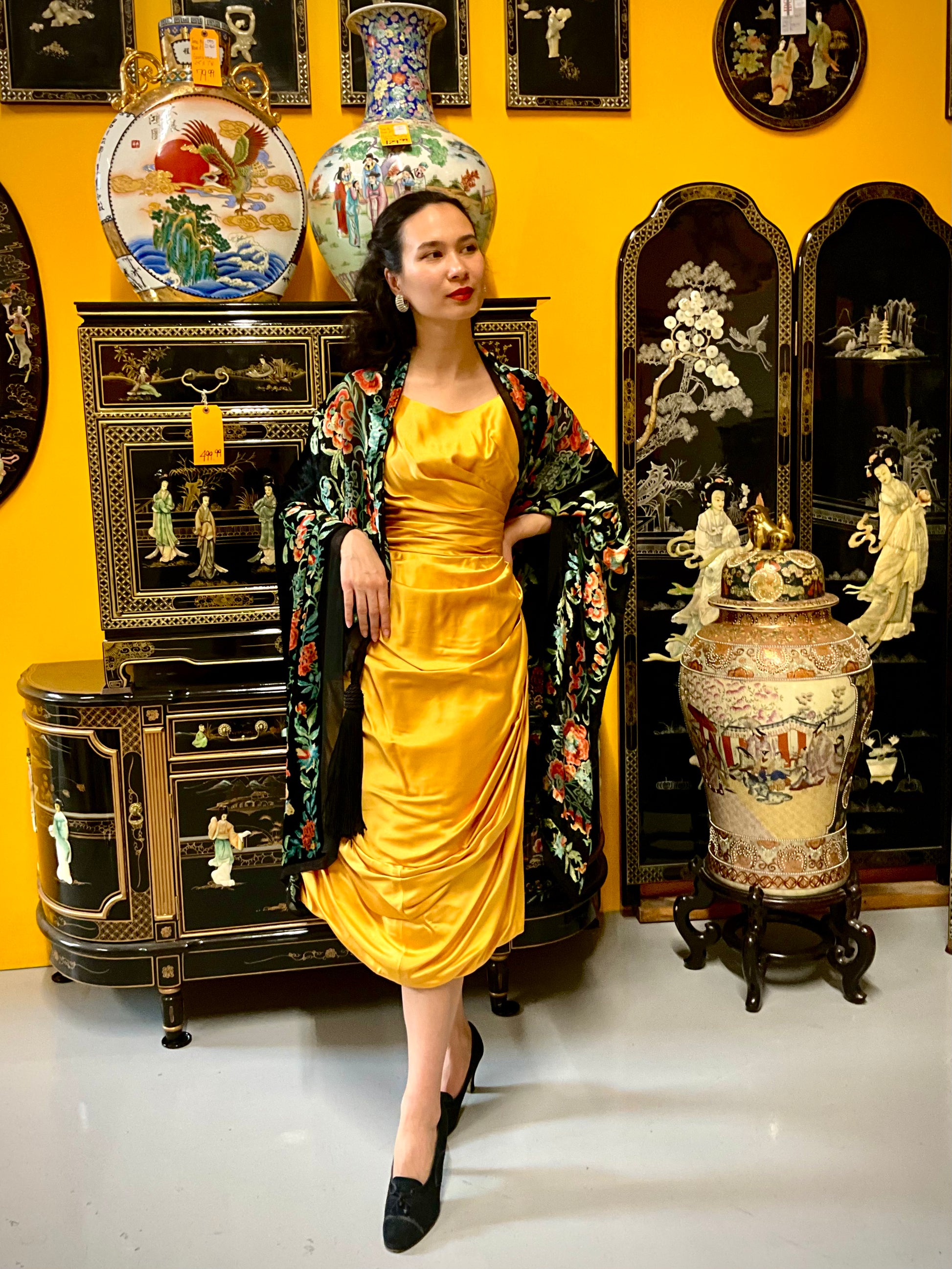 Vintage 1950s Yellow Gold Satin Dress, Small