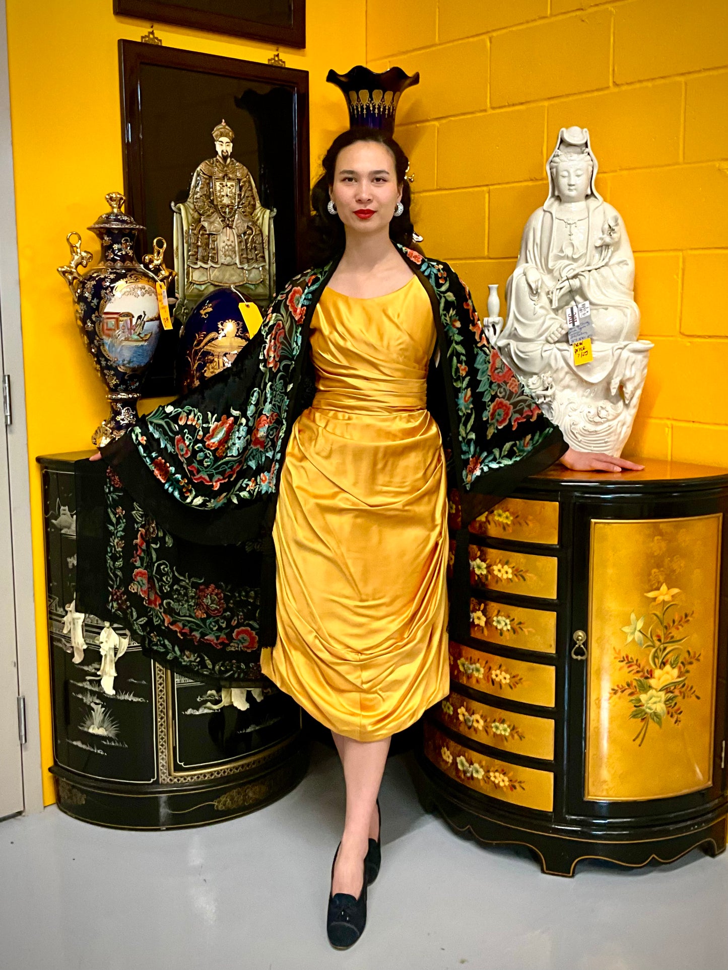 Vintage 1950s Yellow Gold Satin Dress, Small