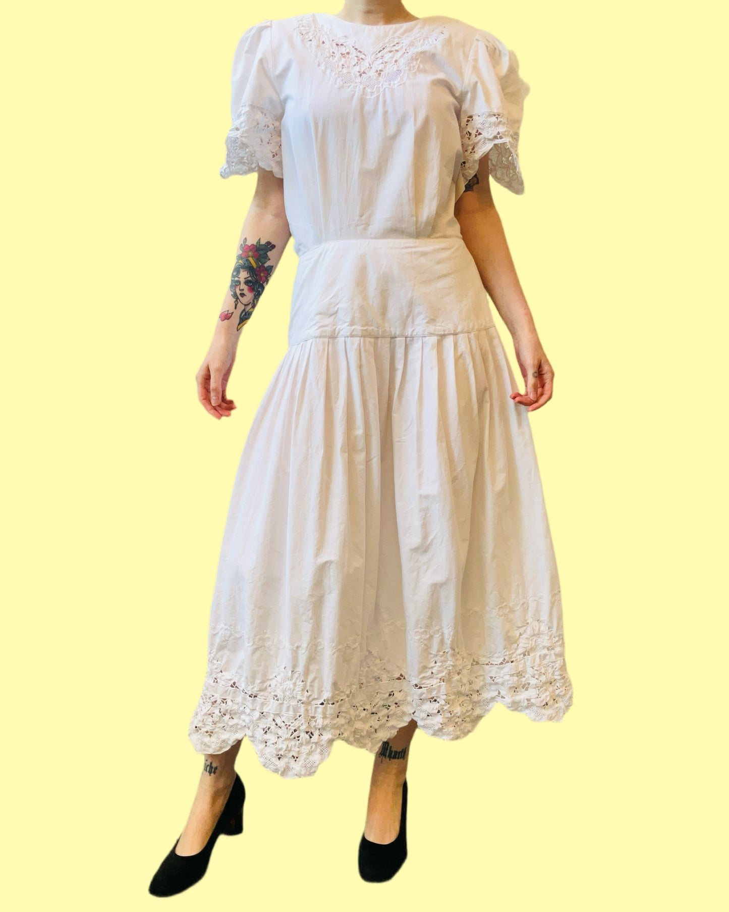 Vintage 1980s White Lace Trim Drop Waist Nancy Johnson Dress, Medium