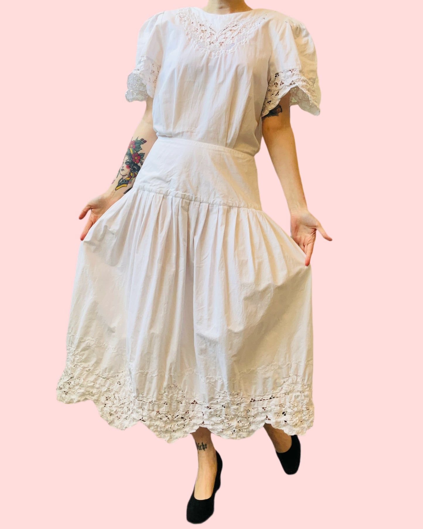 Vintage 1980s White Lace Trim Drop Waist Nancy Johnson Dress, Medium