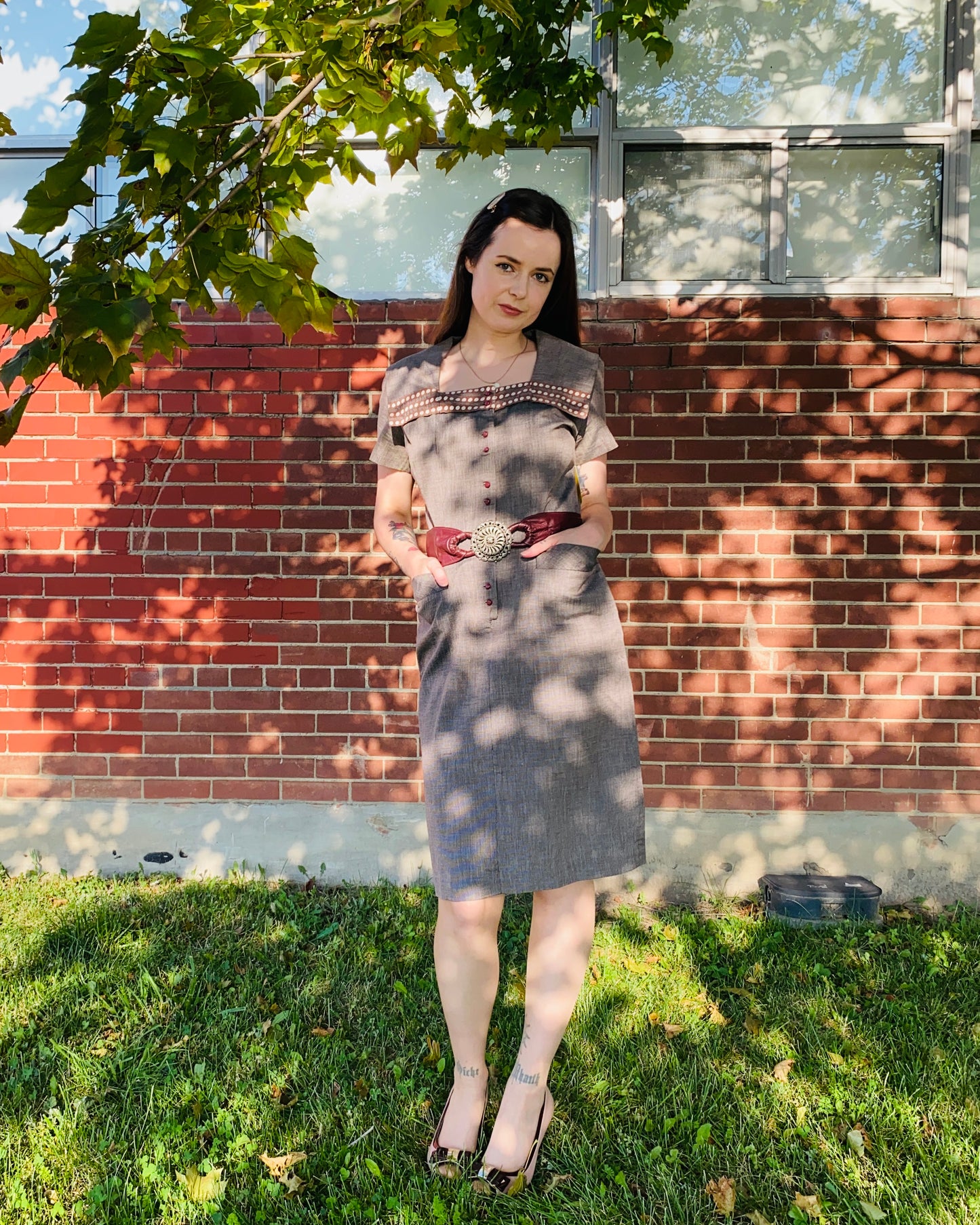 Vintage 1950s Brown Check Shirt Dress with Collar and Burgundy Buttons, Medium