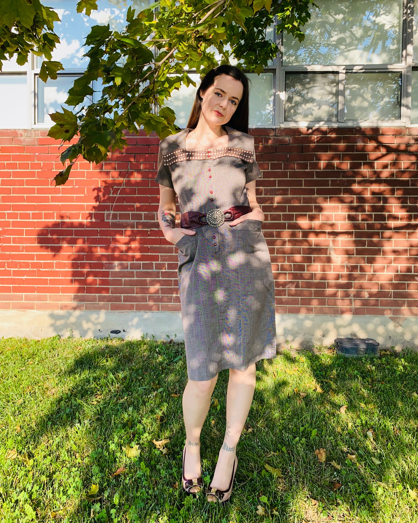 Vintage 1950s Brown Check Shirt Dress with Collar and Burgundy Buttons, Medium