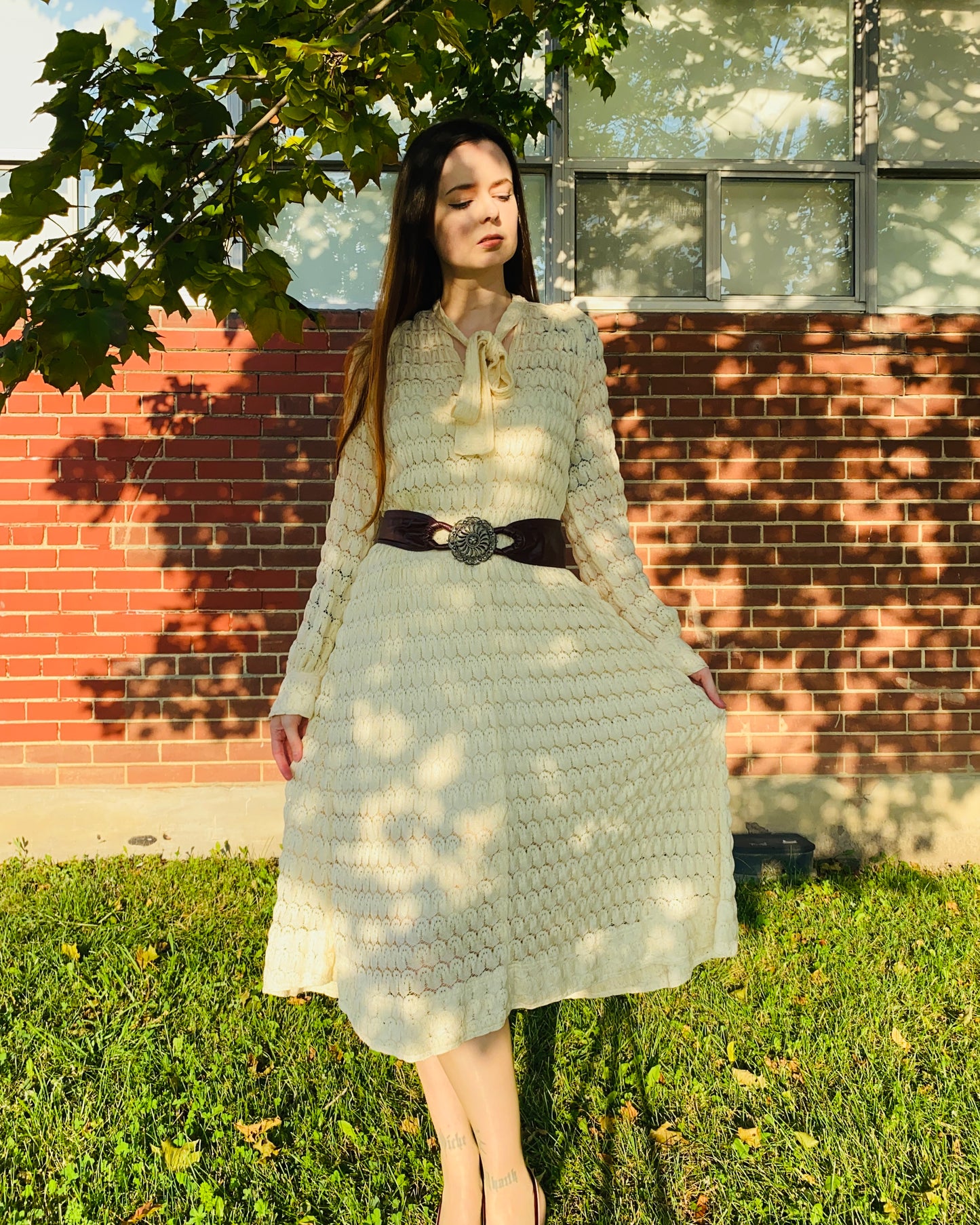 Vintage 1980s Rare Jean Muir Cream Knit Crochet Maxi Dress with Bishop Sleeves, B36