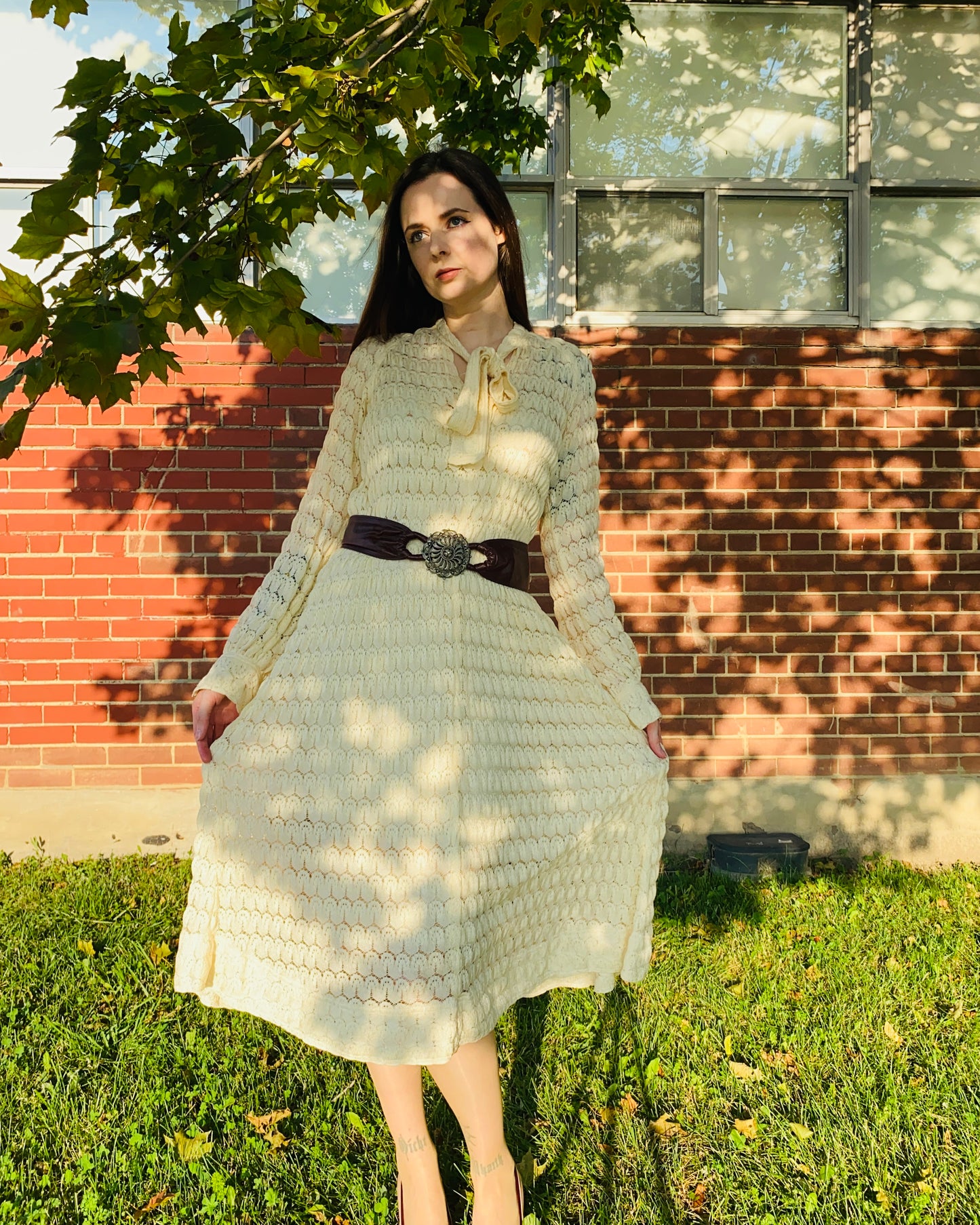 Vintage 1980s Rare Jean Muir Cream Knit Crochet Maxi Dress with Bishop Sleeves, B36