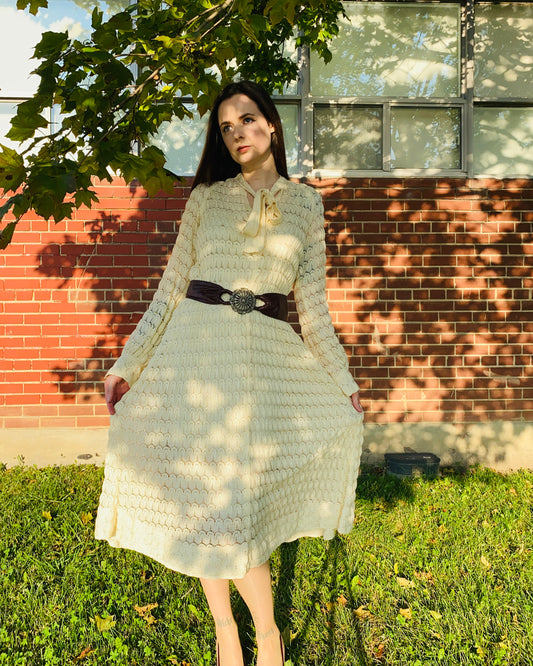 Vintage 1980s Rare Jean Muir Cream Knit Crochet Maxi Dress with Bishop Sleeves, B36