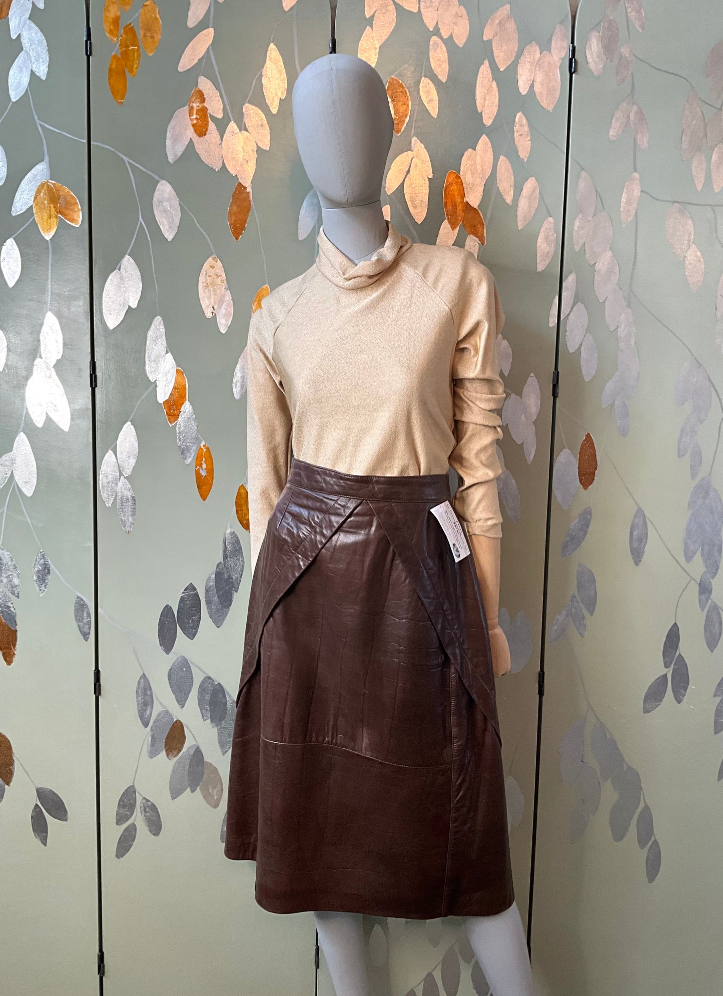 Vintage 1980s Brown Leather Midi Skirt, Large