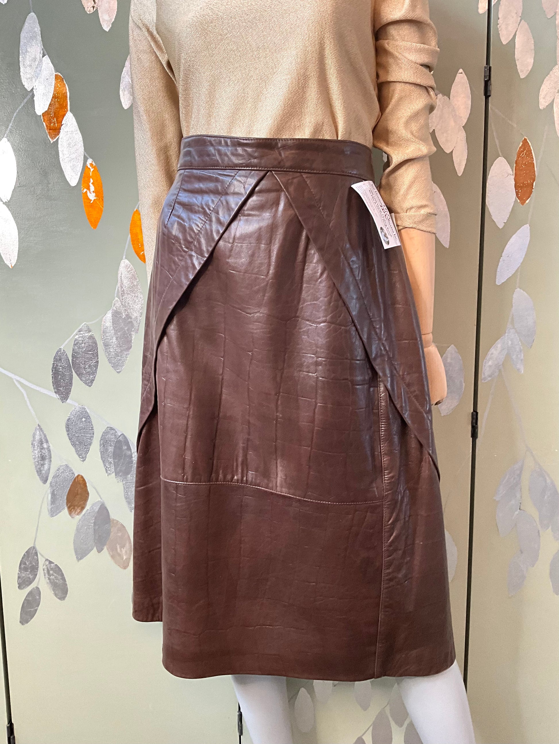 Vintage 1980s Brown Leather Midi Skirt, Large