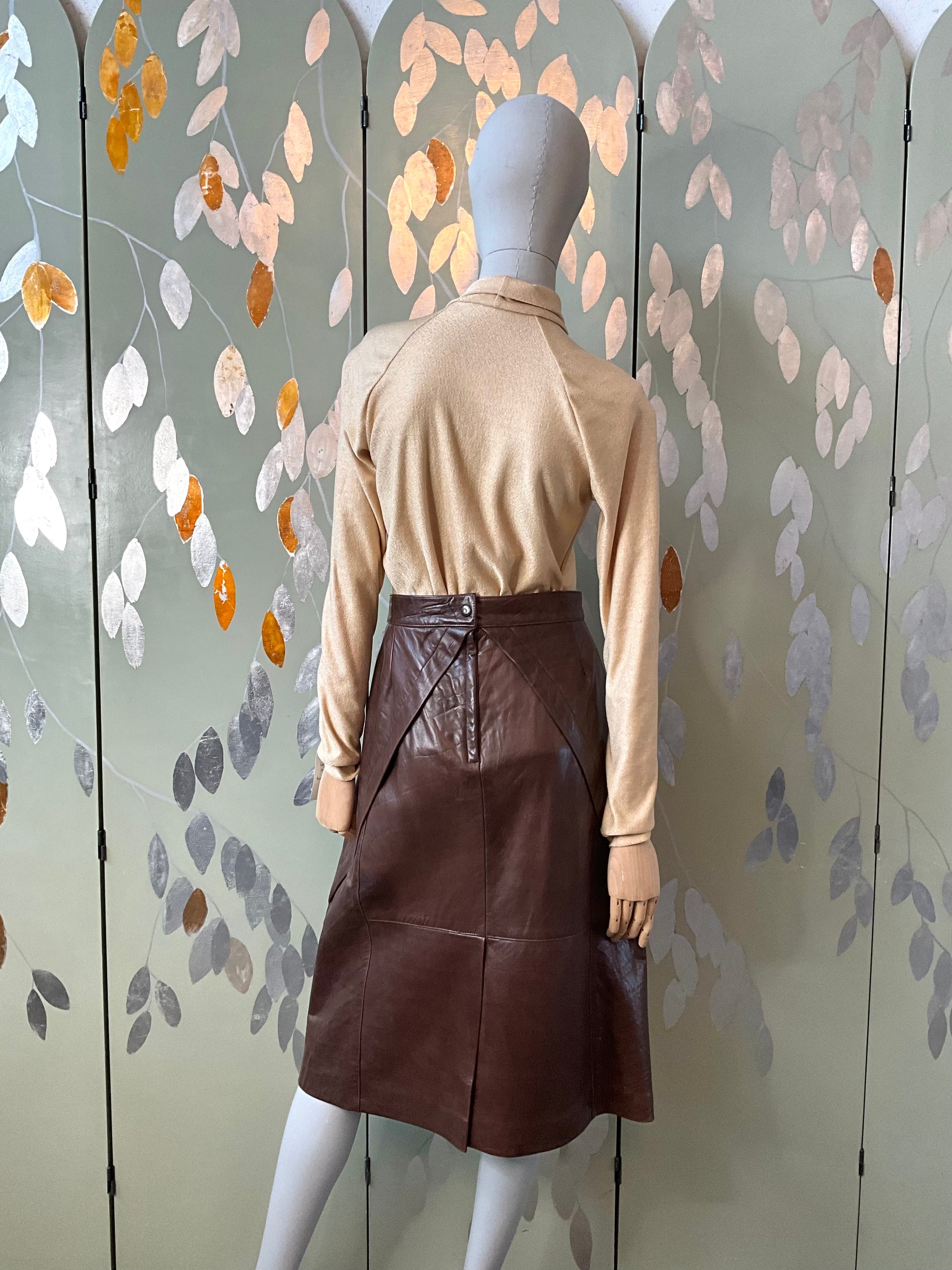 Vintage 1980s Brown Leather Midi Skirt, Large