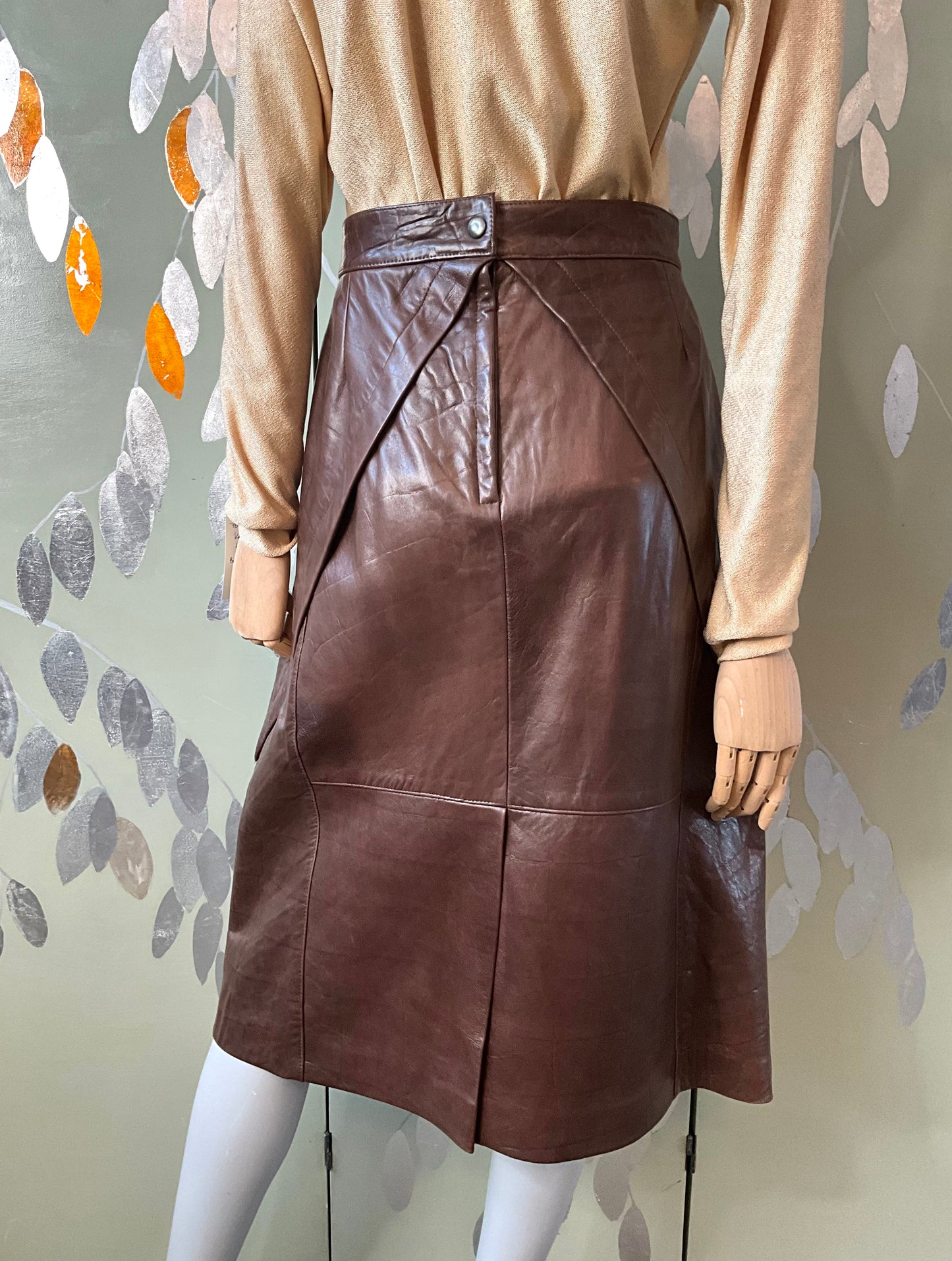 Vintage 1980s Brown Leather Midi Skirt, Large