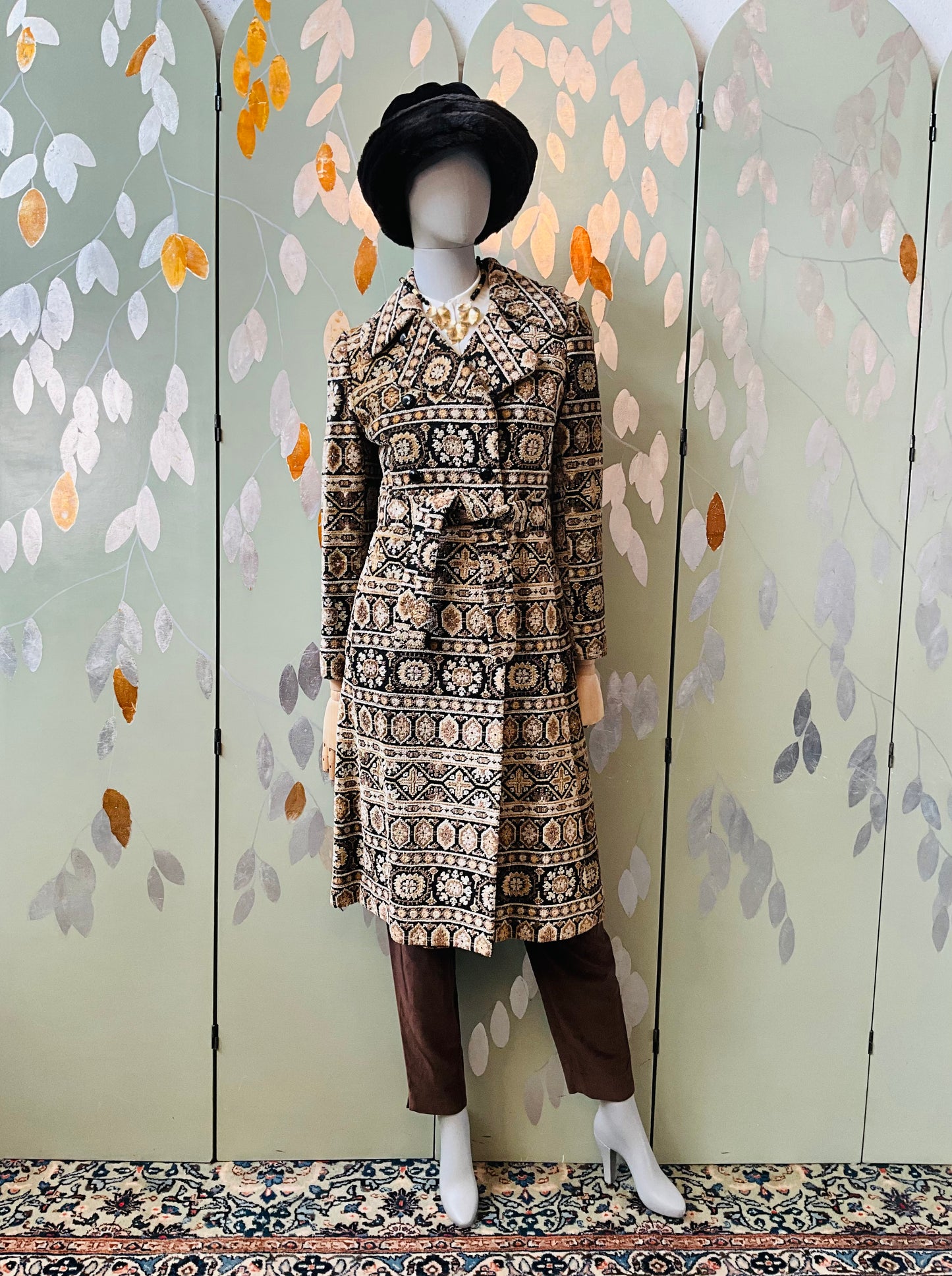 Vintage 1970s Black and Brown Mid-Length Tapestry Coat, XS