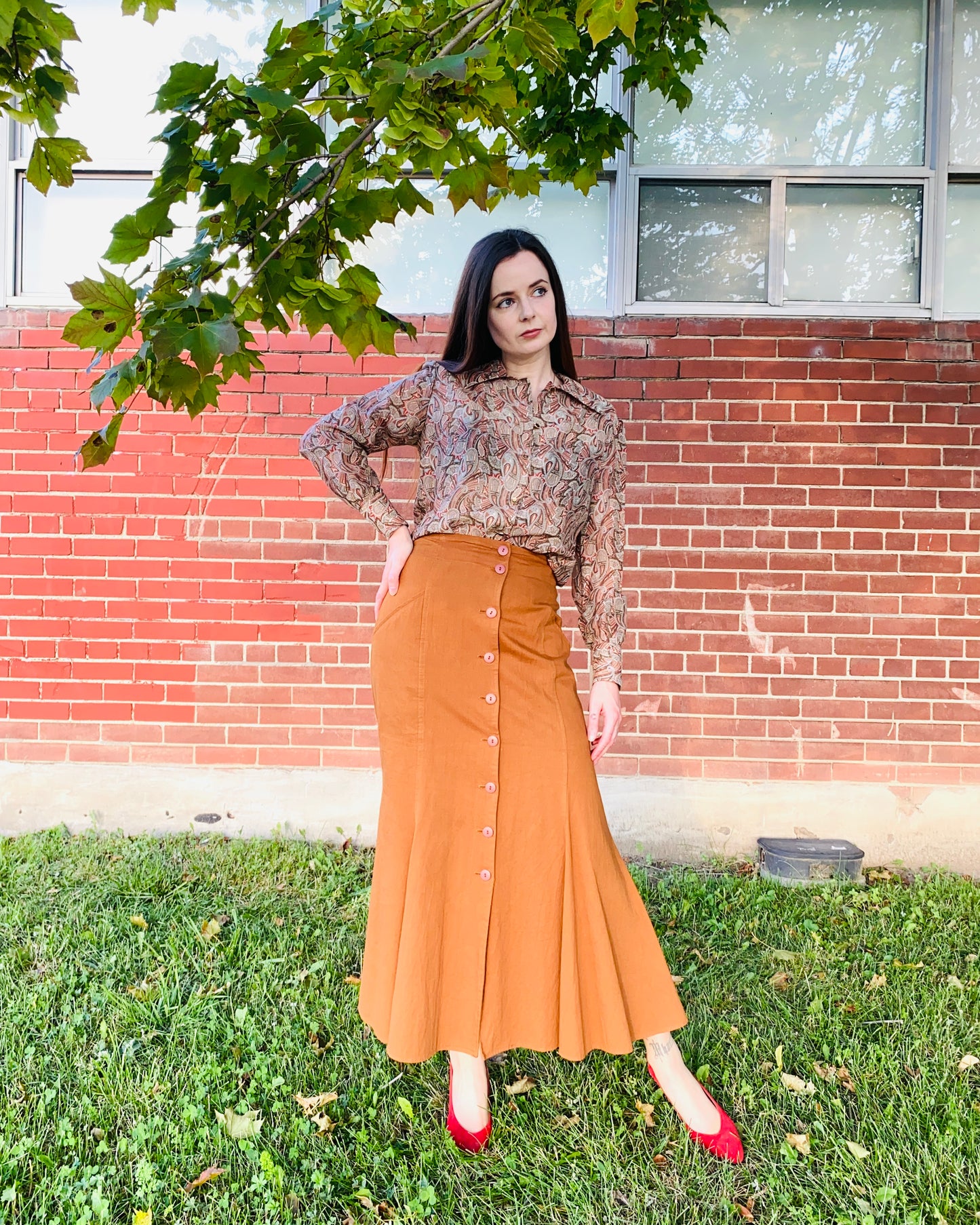 1980s Casual Boho Tan Lace Up Contempo Casuals Skirt, Medium