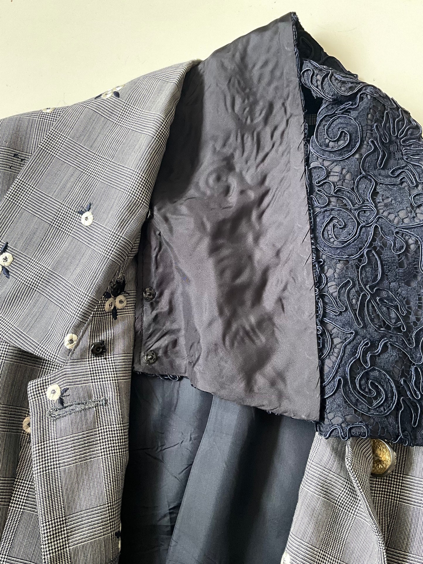 Vintage 1990s Navy and White Glen Check Embroidered Skirt Suit, Lace Collar, Small