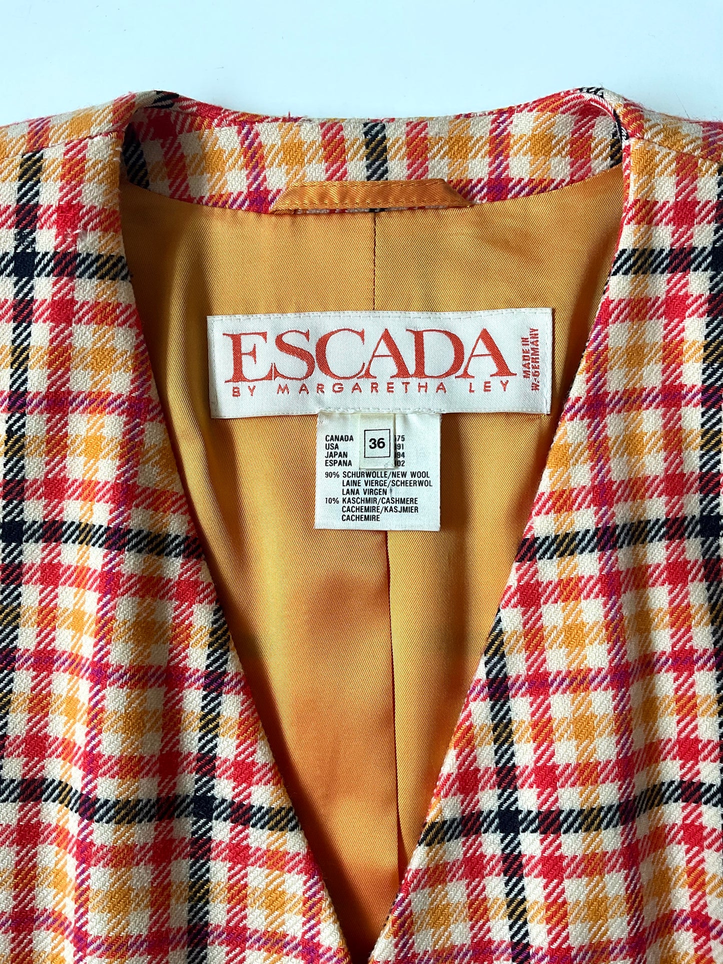 Vintage 1980s Escada Orange and Pink Check Skirt Suit, Medium