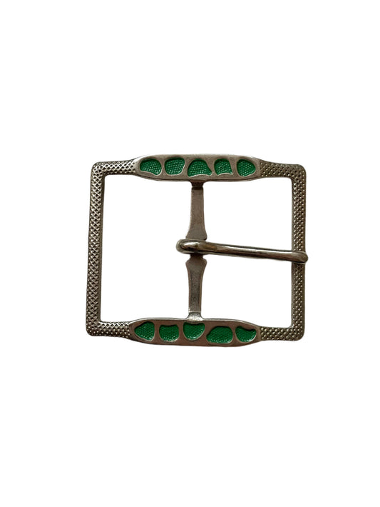 Vintage 1920s Green and Silver 2" Square Engraved Metal Belt Buckle