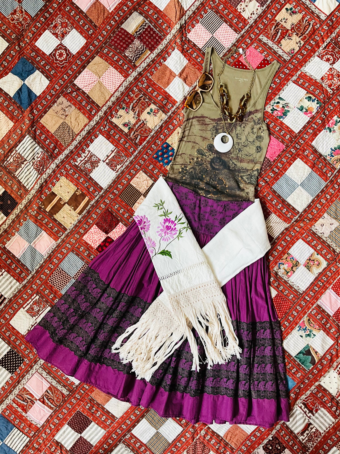 Vintage 2000s Armand Ventilo Purple Embroidered Drop Waist Boho Midi Skirt, W32