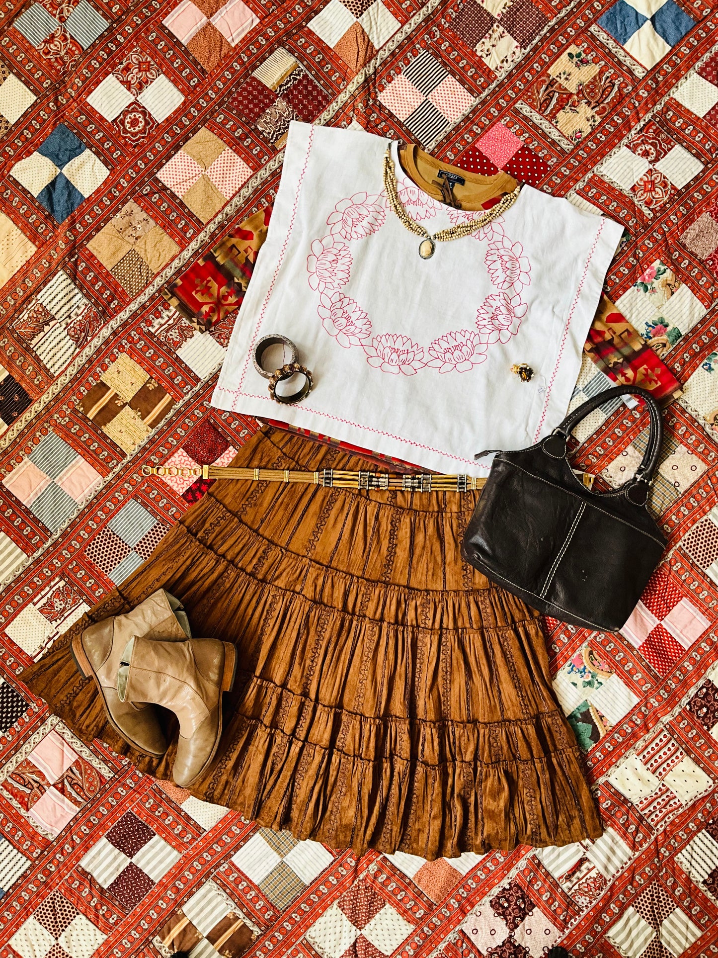 Vintage 2000s Brown Suede Embroidered Boho Skirt, Large