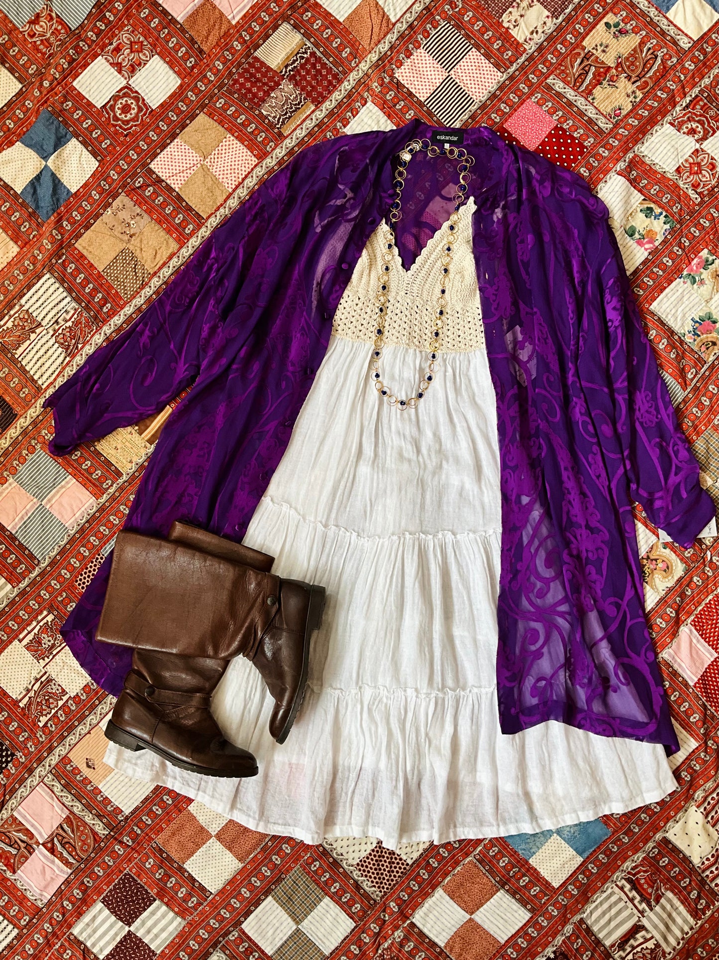 Vintage 2000s White Cotton Crochet Strappy Midi Dress, Small